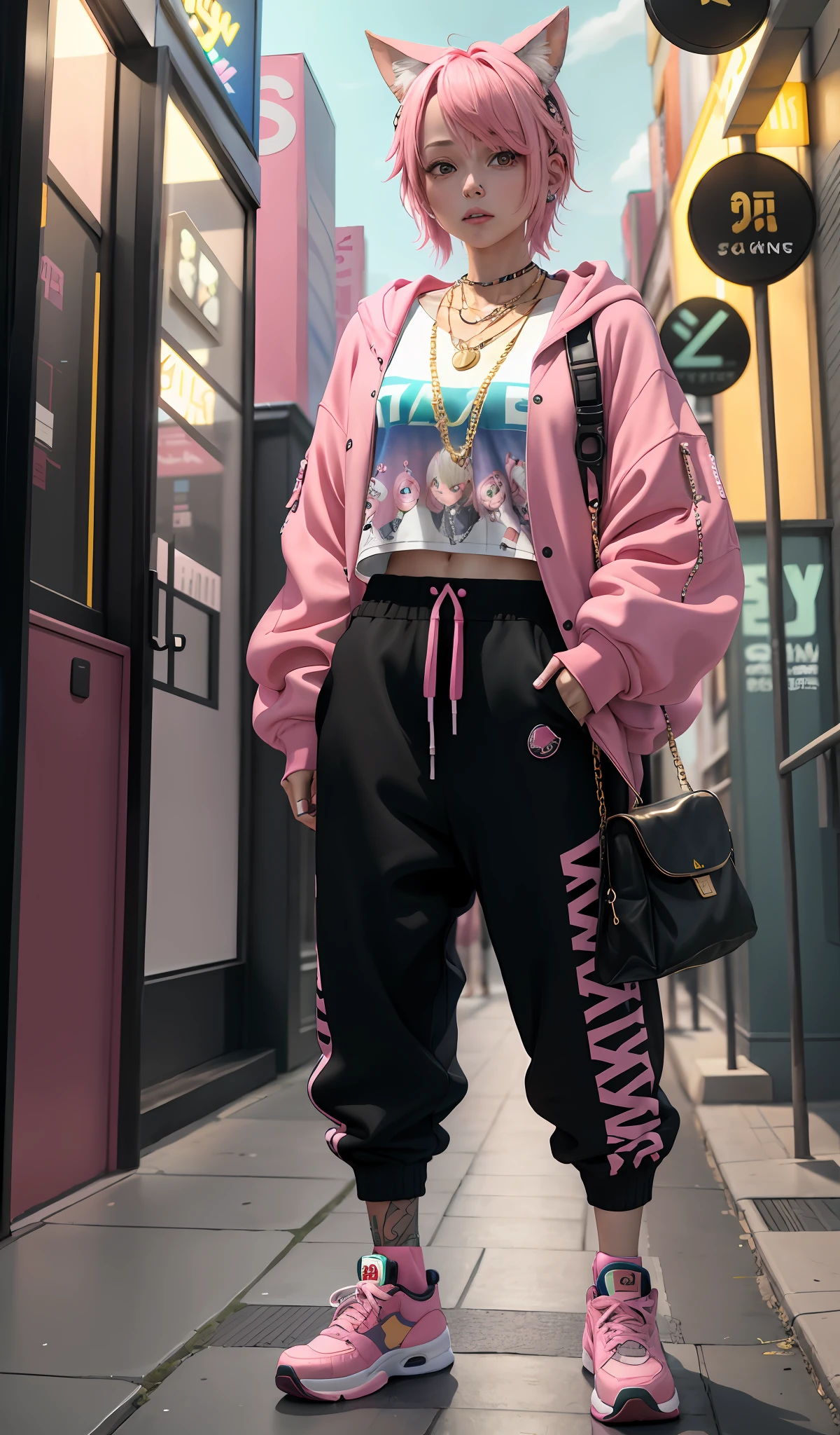 4k, realistic, carismatic, very detail, there is a girl in the cylinder, wearing cropped hoodie , baggy pants, colorfull theme, soft clothes, pink hair, 25 years old, full body, wearing jordan shoes, necklace, wearing many bracelet, wearing a gold chain around her neck, carrying a school bag, standing in an arcade roo