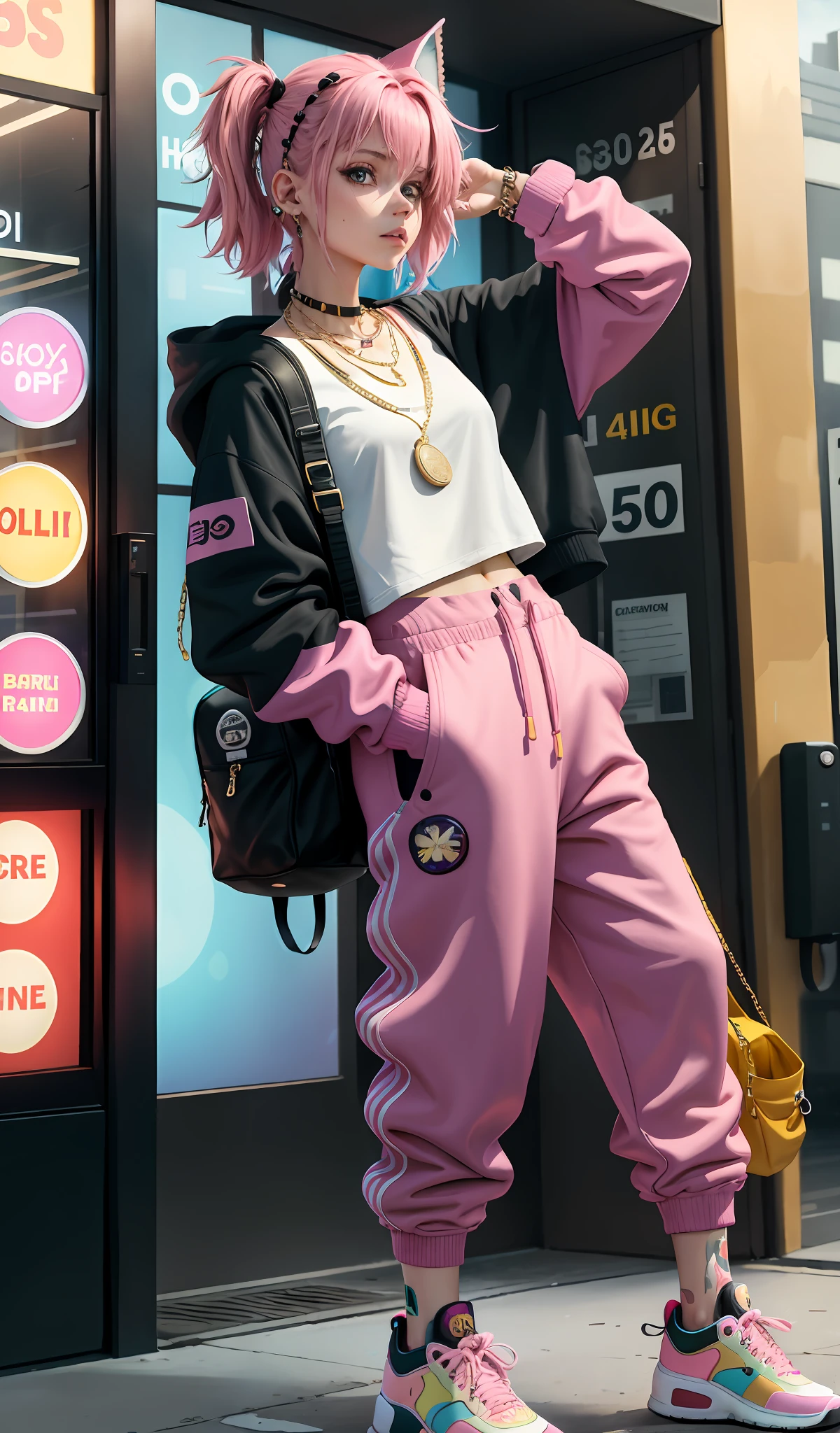 4k, realistic, carismatic, very detail, there is a girl in the cylinder, wearing cropped hoodie , baggy pants, colorfull theme, soft clothes, pink hair, 25 years old, full body, wearing jordan shoes, necklace, wearing many bracelet, wearing a gold chain around her neck, carrying a school bag, standing in an arcade roo
