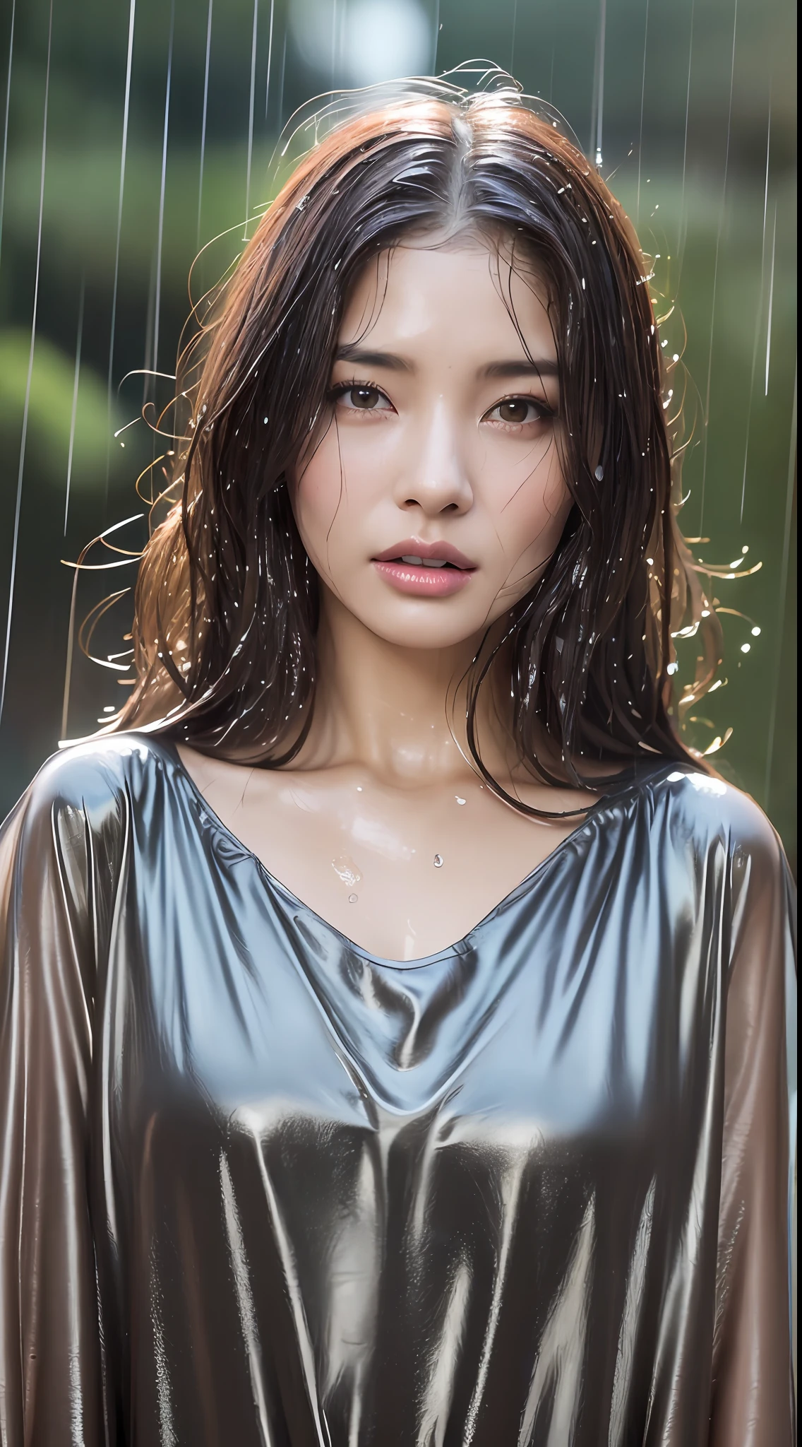 (bestquality、8k、A masterpie:1.3)、beautiful a woman、1 female、(s chest、Attractive body:1.2)、abdominal muscles:1.1、Dark Brown Hair:1.1、(rainy wet、Wet in the rain、Wet body:1.2)、ultrahigh-Detailed face、detailed lips、detailed eye、Double eyelidd