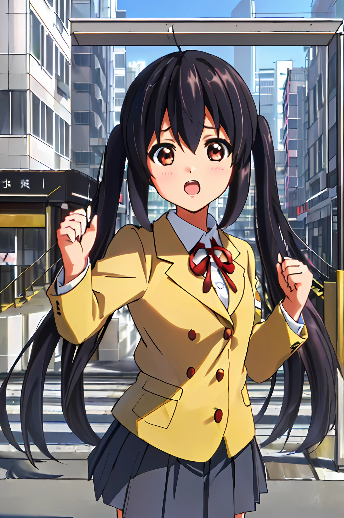 1girl, ((((Masterpiece))), Best Quality, Best Quality, High Detail, Azusa Nakano, 1girl, Sakuragaoka High School Uniform, Musical Instrument, School Uniform, Twin Tails, Long Hair, Black Hair, Brown Eyes, Solo, Red, Dark blue blazer with a thin ribbon of red, Solid white button shirt under blazer, Illustration, Cartoon, Soothing tones, Muted colors, Soft cinematic light, Adobe Lightroom, Photo Lab, HDR, complex and highly detailed, (((depth of field))))). (((Masterpiece))). (((highest quality))).) ((super detail))). (((Illustration))). (((Outside))). (((fighting stance))).,((((Giantization))).dynamic focus.small breasts. (((skyscrapers))). (((Cityscape))). (((Face of sadness))). open mouth、make a fist.