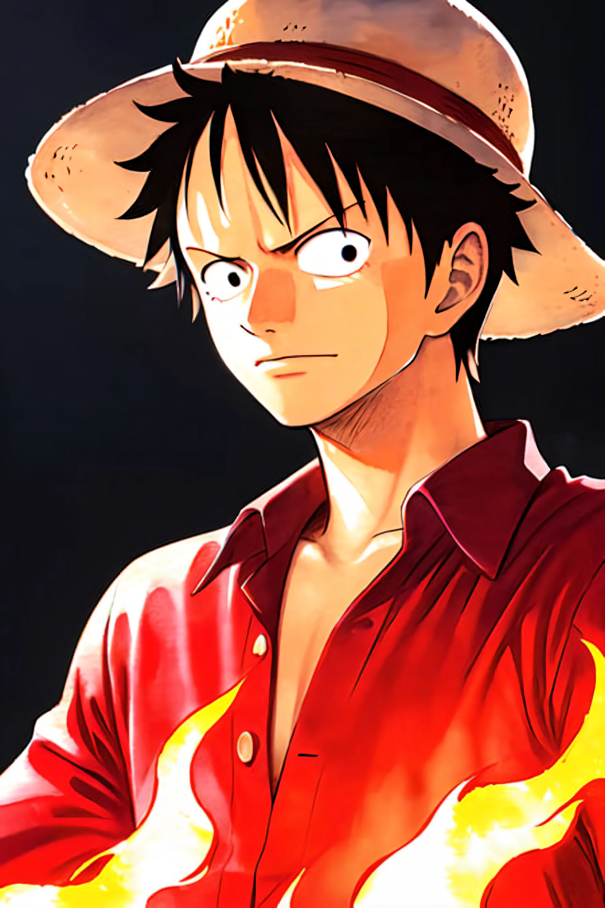 1boy, oda eiichirou, monkey d luffy, one piece, straw hat, looking at viewer, solo, upper_body, (((masterpiece))), ((best quality)), (extremely detailed), watercolor, illustration, depth of field, sketch, dark intense shadows, sharp focus, soft lighting, hdr, colorful, good composition, fire all around, spectacular, closed shirt