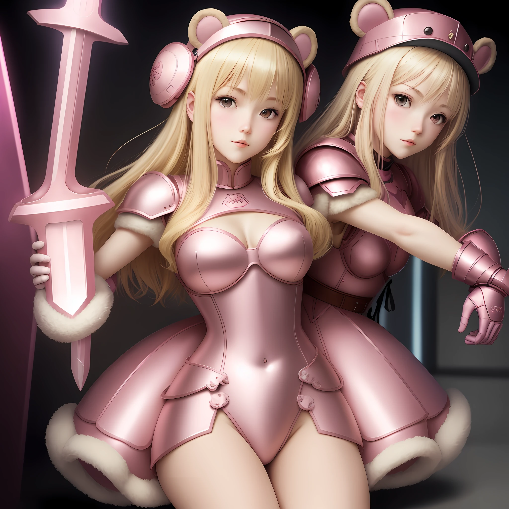 anime, blonde woman, teddy bear hat, pink armor, pink sword