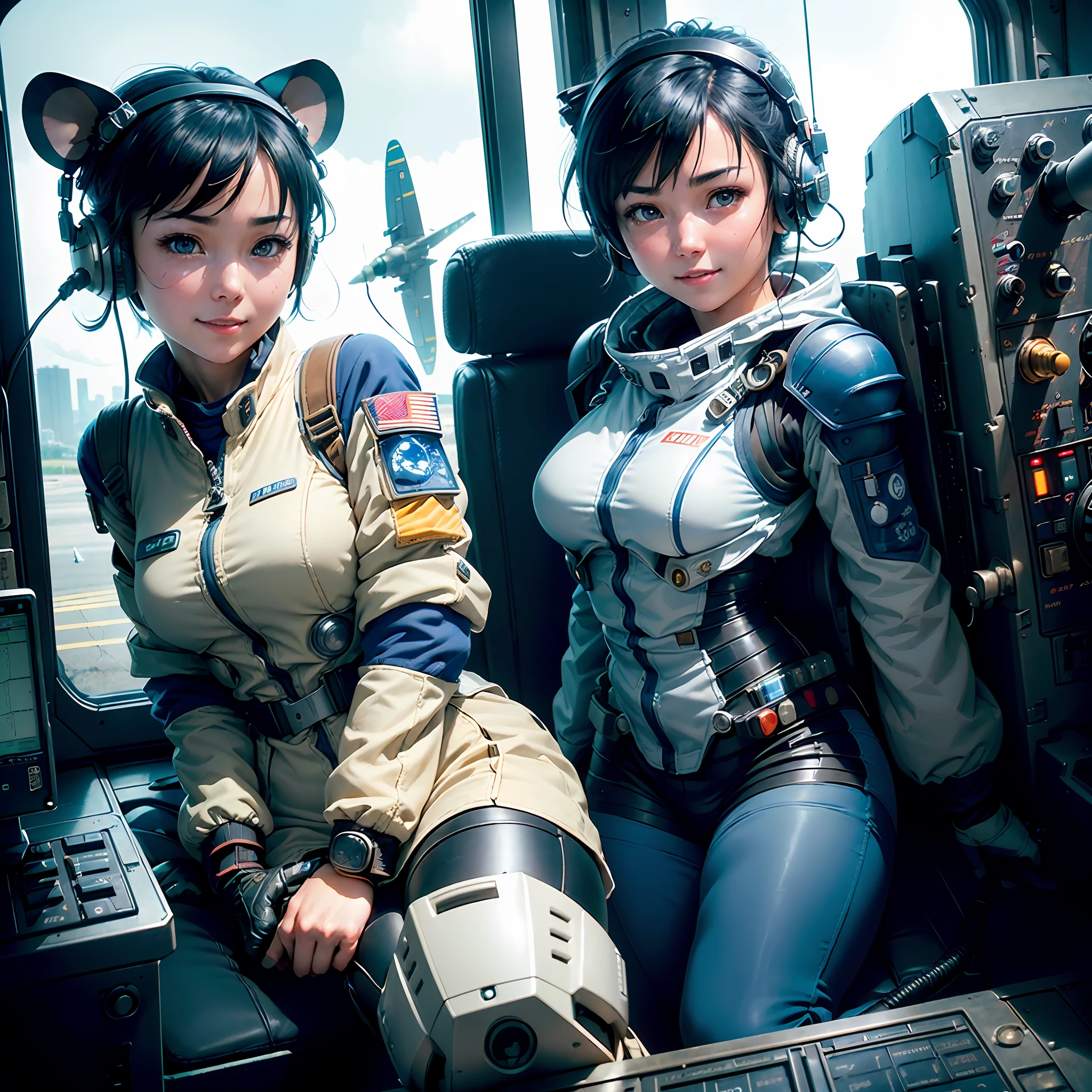 (A masterpie、bestquality、Top Resolution、distinct_image、Highly elaborate CG、Cinematic Lighting、raytracing、drop shadow、Detailed details、(photorealistic:1.4)、High quality textures、Fine-grained、Realistic facial expressions): (Lone Girl、Japan faces、Short blue hair、small size of breasts、Sparkly eyes、Eye Level Shot、Pilot suit in white and blue colors、Tight Fit Clothing、Clothing that covers the whole body、light grin smile、Beauty during、Slim Body、exoskeleton、heroine、headset、long boots、glove、Ride and steer a robot that leans forward、Airplane Control Panel、tool、Safeguards、Radar display equipment、touch panel、Various indicators、levers、Computer keyboard、mouse、Warning light、Fuel gauge、pressure gauge、Outside the window is a control tower、Large lever、Foot access pedal、Brake pedal、Chunky manual、Military base outside the window、wireless、Pilot Seat、Fighter cockpit、Gundam cockpit)