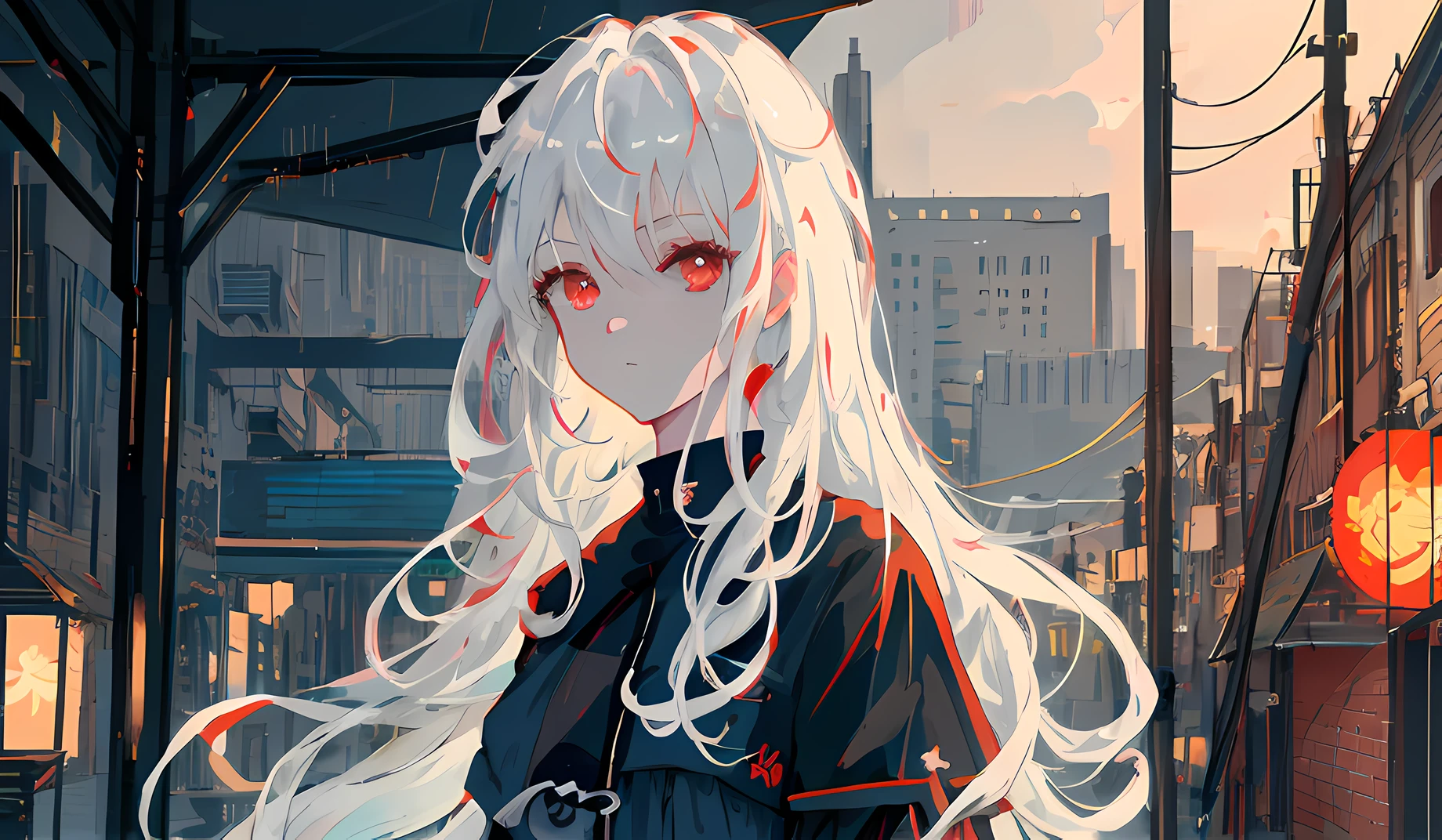 anime girl with long white hair and red eyes standing in a city, anime style 4 k, anime art wallpaper 8 k, anime art wallpaper 4k, anime art wallpaper 4k, best anime 4k konachan wallpaper, Anime wallpapers 4k, Anime wallpapers 4k, 4k anime wallpaper, anime style. 8k, girl with white hair, anime artstyle