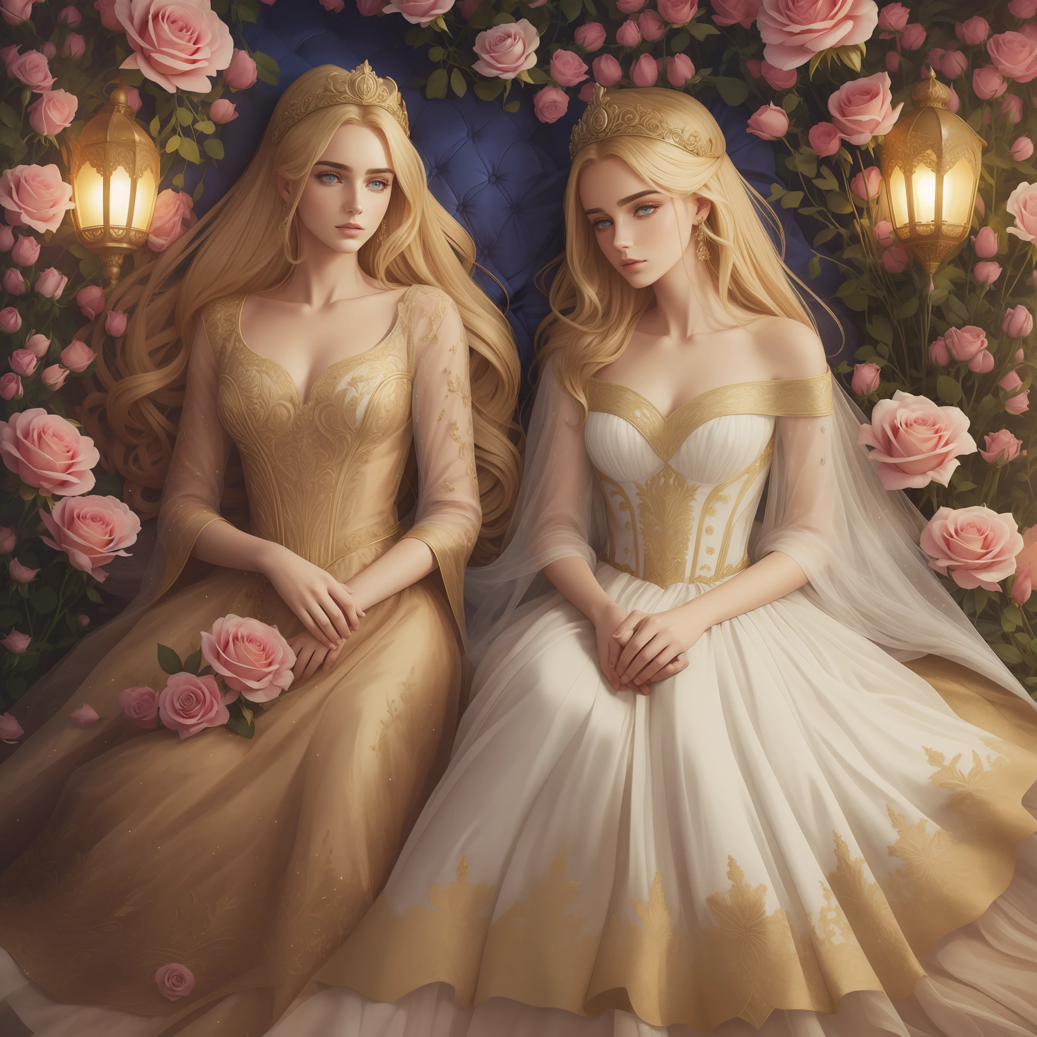 Casal se beija um home e uma mulher com muito carinho, the man Neels Visser is a prince who has golden blonde hair, wears a medieval military garb and is in love with the commoner, a mulher Lily Collins;, que tem cabelo preto moreno encaracolado e usa um vestido vermelho, Illustration of a novel book cover with a detailed background, liso, brilhante cheio de flores cobertas de hera e rosas vermelhas, castelo, Ornate dress standing on a bed of roses, Anel luminoso, dynamic lighting, ethereal lighting, ultra detalhe, arte conceitual, elegante, surreal, arte por Aykut Aydogdu
