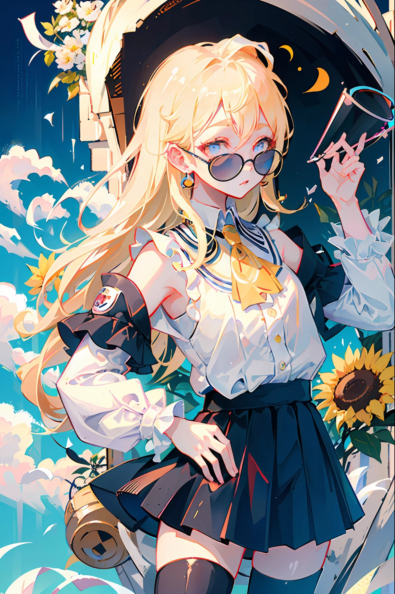 Best quality, super high resolution, (realism: 1.4), 1 female, sleeveless white button-down shirt, black skirt, black collar, ((glasses)), (Kpop idol), (aegyo sal: 1), (platinum blonde: 1), ((puffy eyes)), looking at viewer, full body, flowers