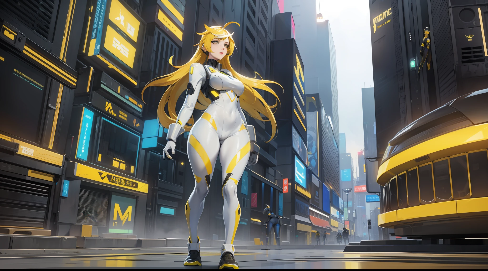 full body picture Unreal Engine 5 8K UHD of beautiful girl, long yellow curvy hair with white highlight, wearing futuristic black tight battle suit, half face cyberpunk mask, futuristic neck collar, yellow light details, beauty makeup, standing in cyberpunk city, best quality, masterpiece