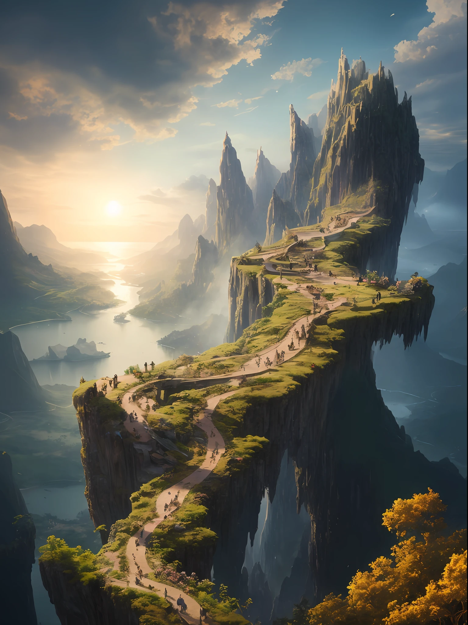 Masterpiece, best quality, high quality, extremely detailed CG unity 8k wallpaper, landscape, outdoor, sky, clouds, sky, no humans, mountain, landscape, water, tree, blue sky, waterfall, cliff, nature, lake, river , cloudy skies, award winning photography, bokeh, depth of field, HDR, bloom, chromatic aberration, photorealism, very detailed, trending on artstation, trending on CGsociety, intricate, high detail, dramatic, half way art