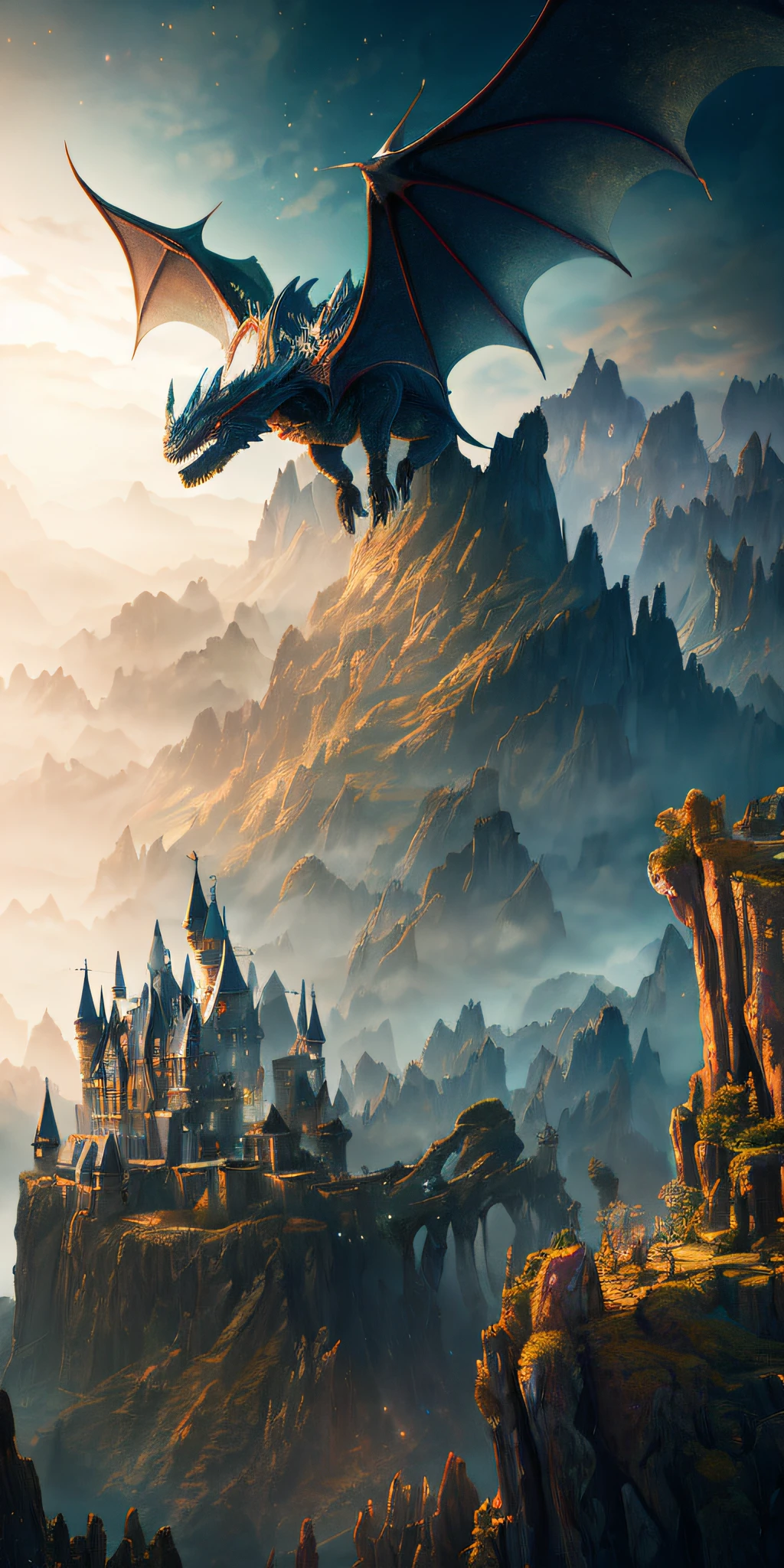 ((masterpiece)), best quality, high quality, ((extremely detailed CG unity 8k wallpaper)), (fantasy), dark magic world like place, dark color, castle, huge dragon flying in the sky, huge dragon , dragon shoots lots of fireballs, destroys ground, magic movie style, harry potter movie style, viewing on a higher mountain, mono lake, 3d digital painting, award winning photography, bokeh, depth of field, hdr, bloom, chromatic aberration, photorealistic, highly detailed, trending on artstation, trending on CGsociety, intricate, high detail, dramatic, midjourney art