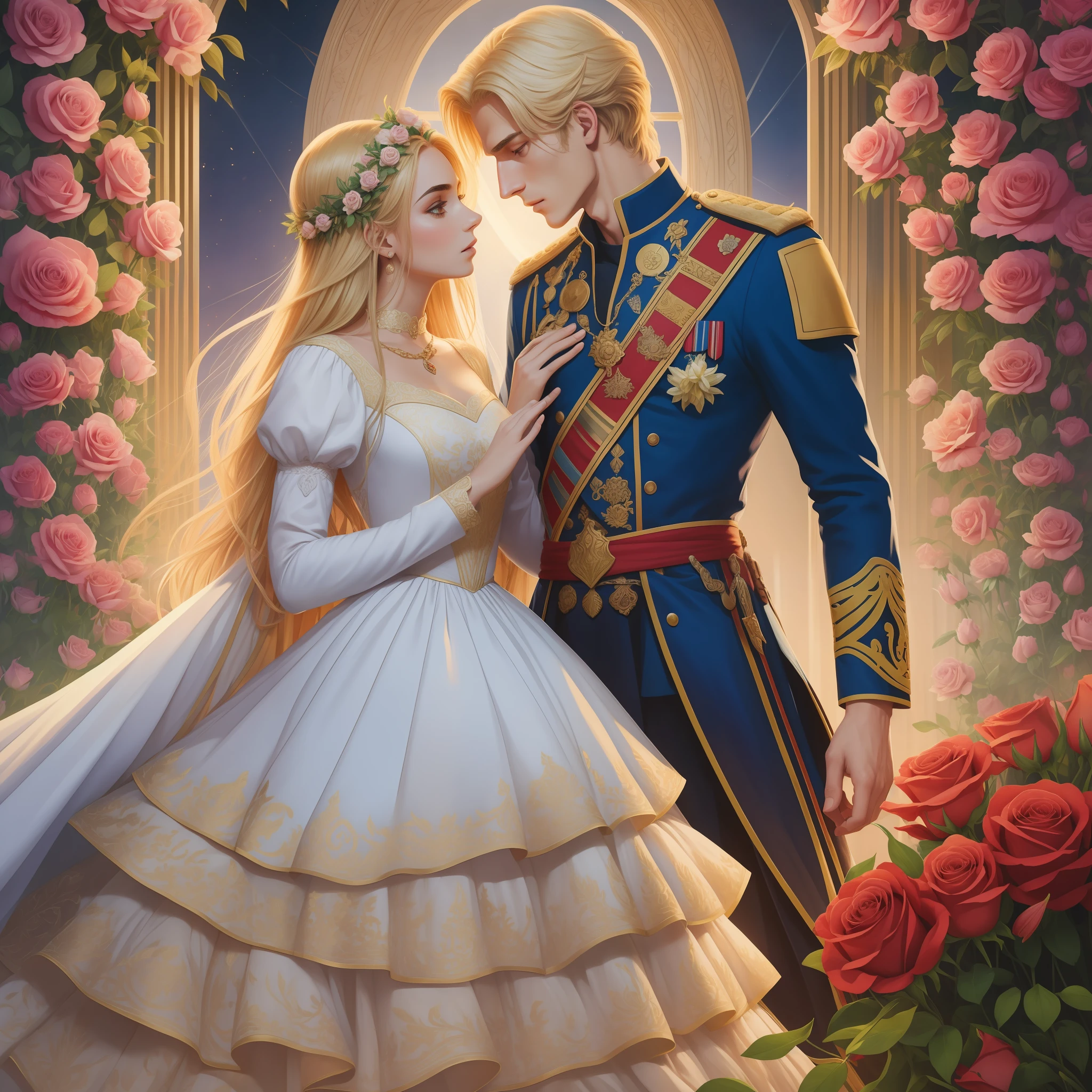 Casal se beija um home e uma mulher com muito carinho, the man Neels Visser is a prince who has golden blonde hair, wears a medieval military garb and is in love with the commoner, a mulher Lily Collins;, que tem cabelo preto moreno encaracolado e usa um vestido vermelho, Illustration of a novel book cover with a detailed background, liso, brilhante cheio de flores cobertas de hera e rosas vermelhas, castelo, Ornate dress standing on a bed of roses, Anel luminoso, dynamic lighting, ethereal lighting, ultra detalhe, arte conceitual, elegante, surreal, arte por Aykut Aydogdu