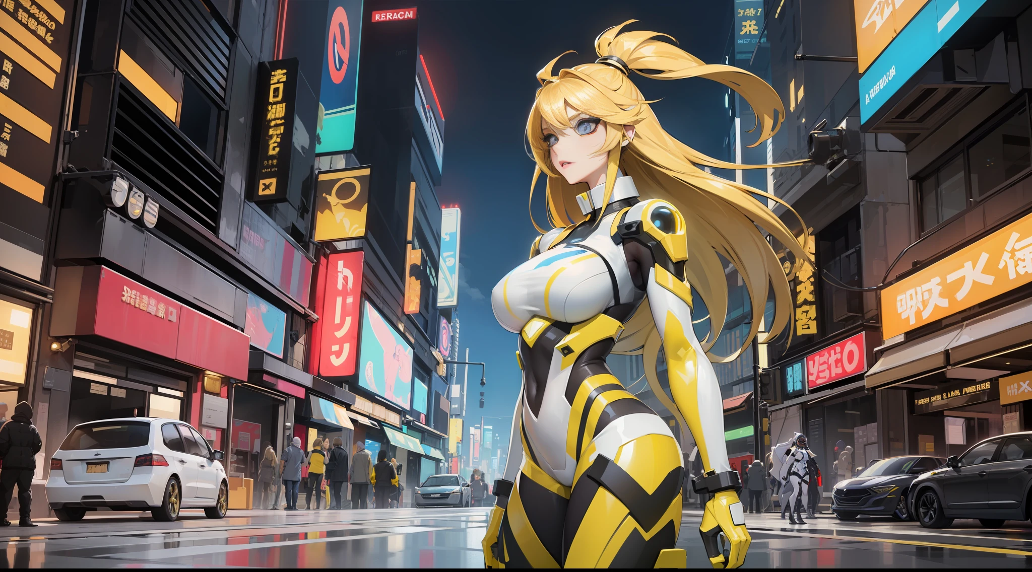 full body picture Unreal Engine 5 8K UHD of beautiful girl, long yellow curvy hair with white highlight, wearing futuristic black tight battle suit, half face cyberpunk mask, futuristic neck collar, yellow light details, beauty makeup, standing in cyberpunk city, best quality, masterpiece