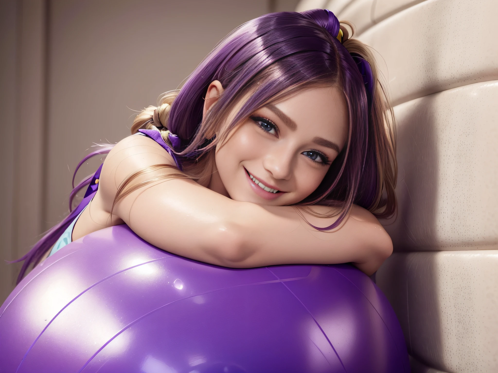 Happy closeup portrait of beautiful young female smiling hugging a (purple exercise ball:1.2), beautiful woman, (blonde hair:1.3), (medium ponytail hair:1.3), ((detailed face:1.5)), (happy playful smile), (ocean blue eyes:1.0), ((detailed facial features)), (fine detailed skin), pale skin, high detailed