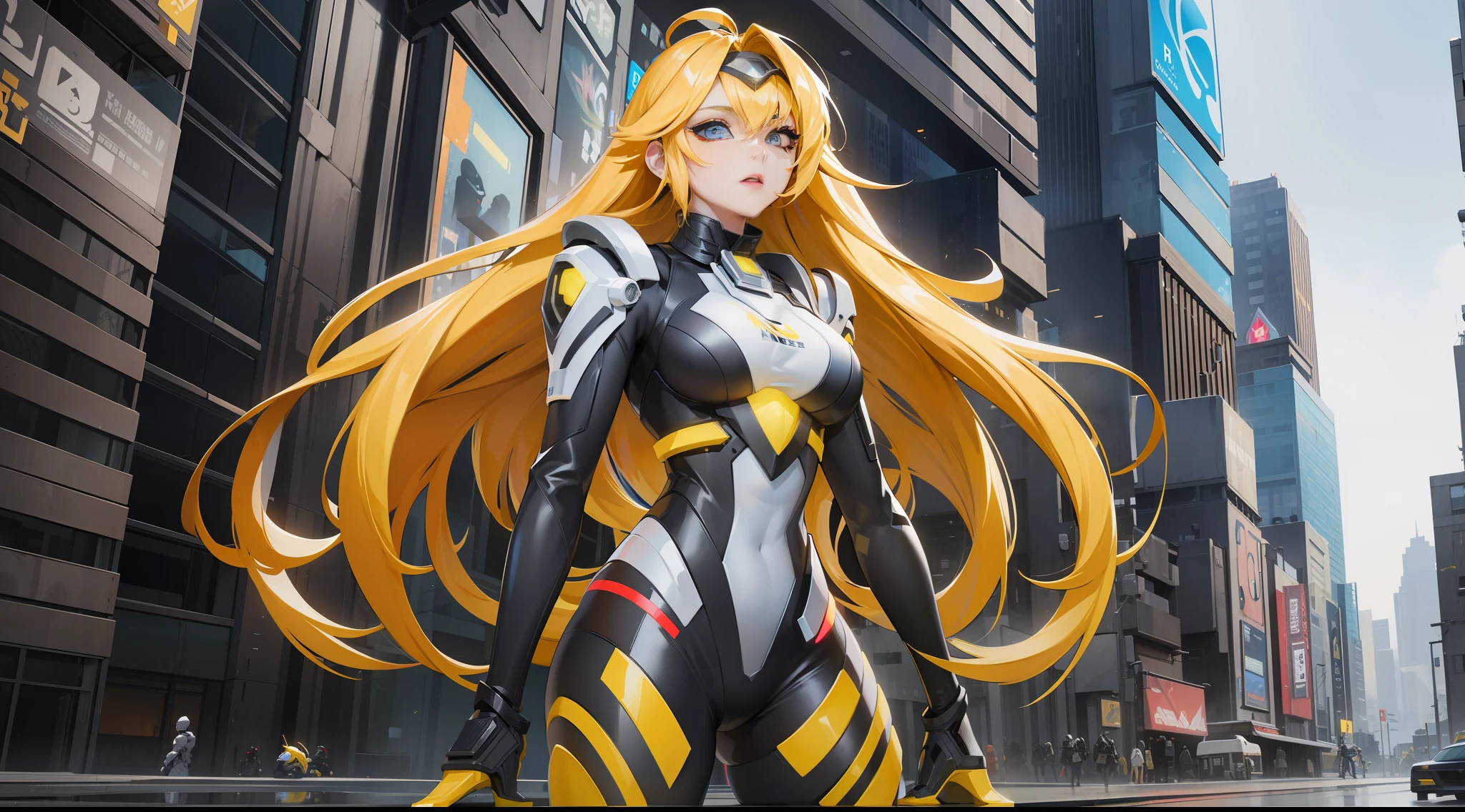 full body picture Unreal Engine 5 8K UHD of beautiful girl, long yellow curvy hair with white highlight, wearing futuristic black tight battle suit, half face cyberpunk mask, futuristic neck collar, yellow light details, beauty makeup, standing in cyberpunk city, best quality, masterpiece