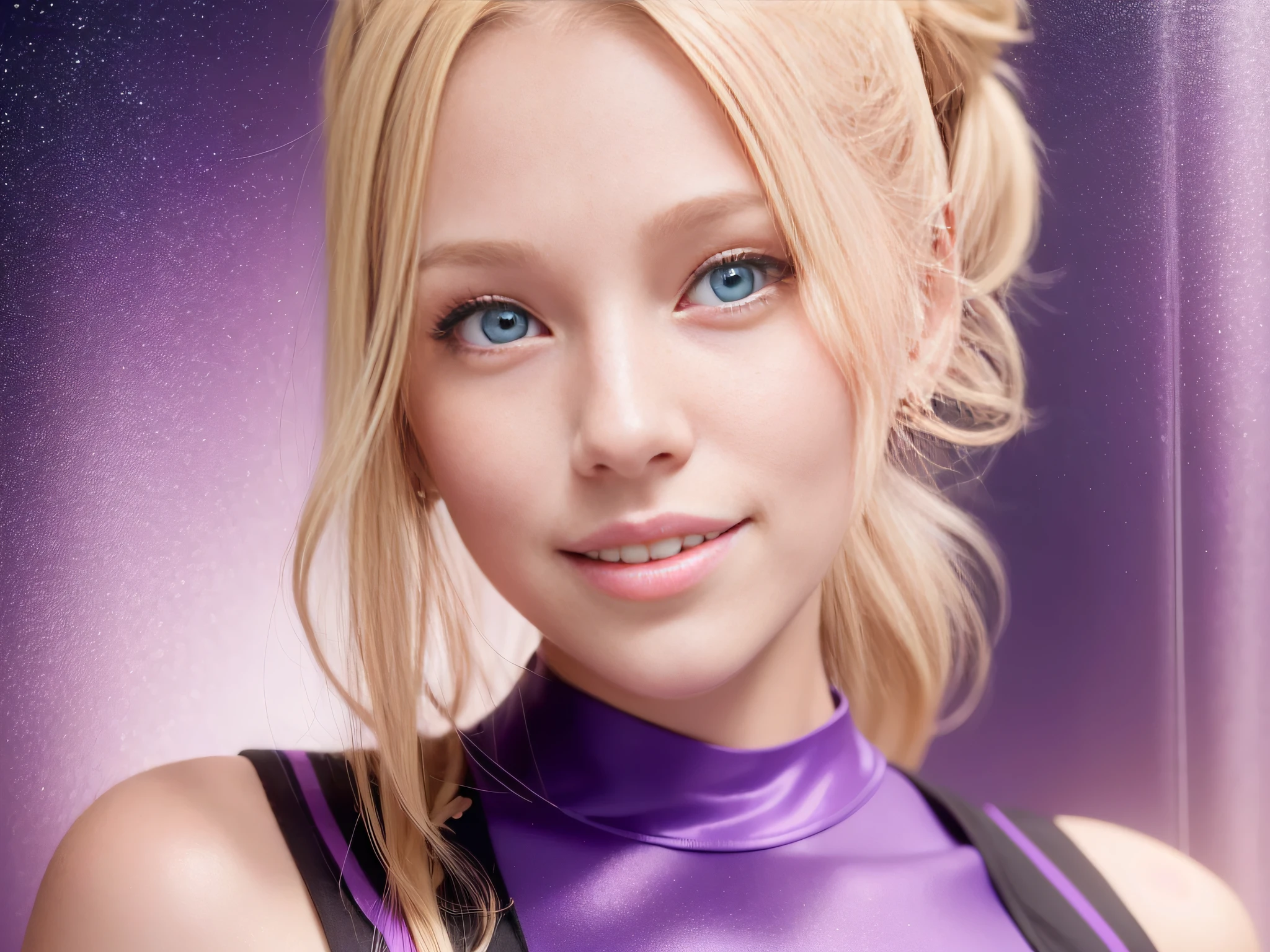 Happy closeup portrait of beautiful young female smiling, beautiful woman, (blonde hair:1.3), (medium ponytail hair:1.3), ((detailed face:1.5)), (happy playful smile), (ocean blue eyes:1.0), ((detailed facial features)), (fine detailed skin), pale skin, high detailed, wearing fit leggings and bra, the environment is a modern academy