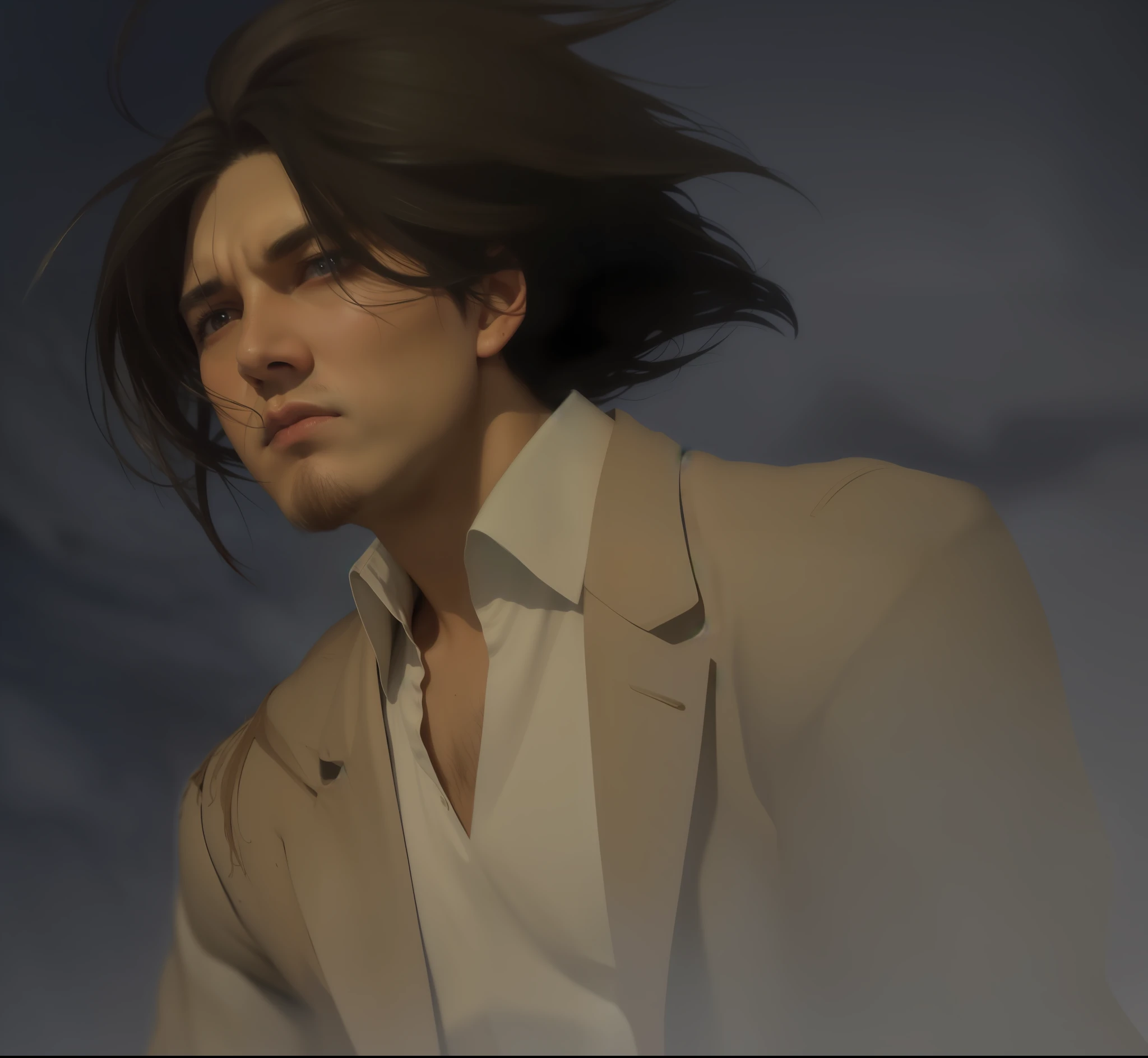 mejor calidad, obra maestra, (realista: 1.2), vida real, Live Action, aot, Eren Jaeger, mirando al cielo, pelo largo, cold bottom, real, stubble, beard, blue eyes, muscular, tired, menacing