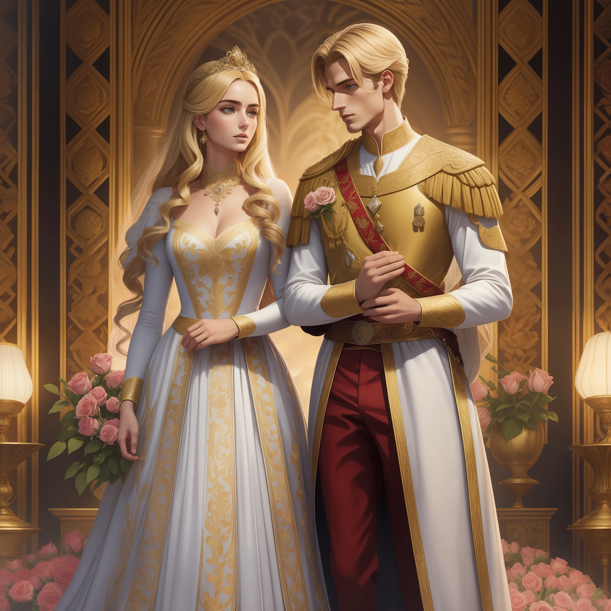 Casal se beija um home e uma mulher com muito carinho, the man Neels Visser is a prince who has golden blonde hair, wears a medieval military garb and is in love with the commoner, a mulher Lily Collins;, que tem cabelo preto moreno encaracolado e usa um vestido vermelho, Illustration of a novel book cover with a detailed background, liso, brilhante cheio de flores cobertas de hera e rosas vermelhas, castelo, Ornate dress standing on a bed of roses, Anel luminoso, dynamic lighting, ethereal lighting, ultra detalhe, arte conceitual, elegante, surreal, arte por Aykut Aydogdu