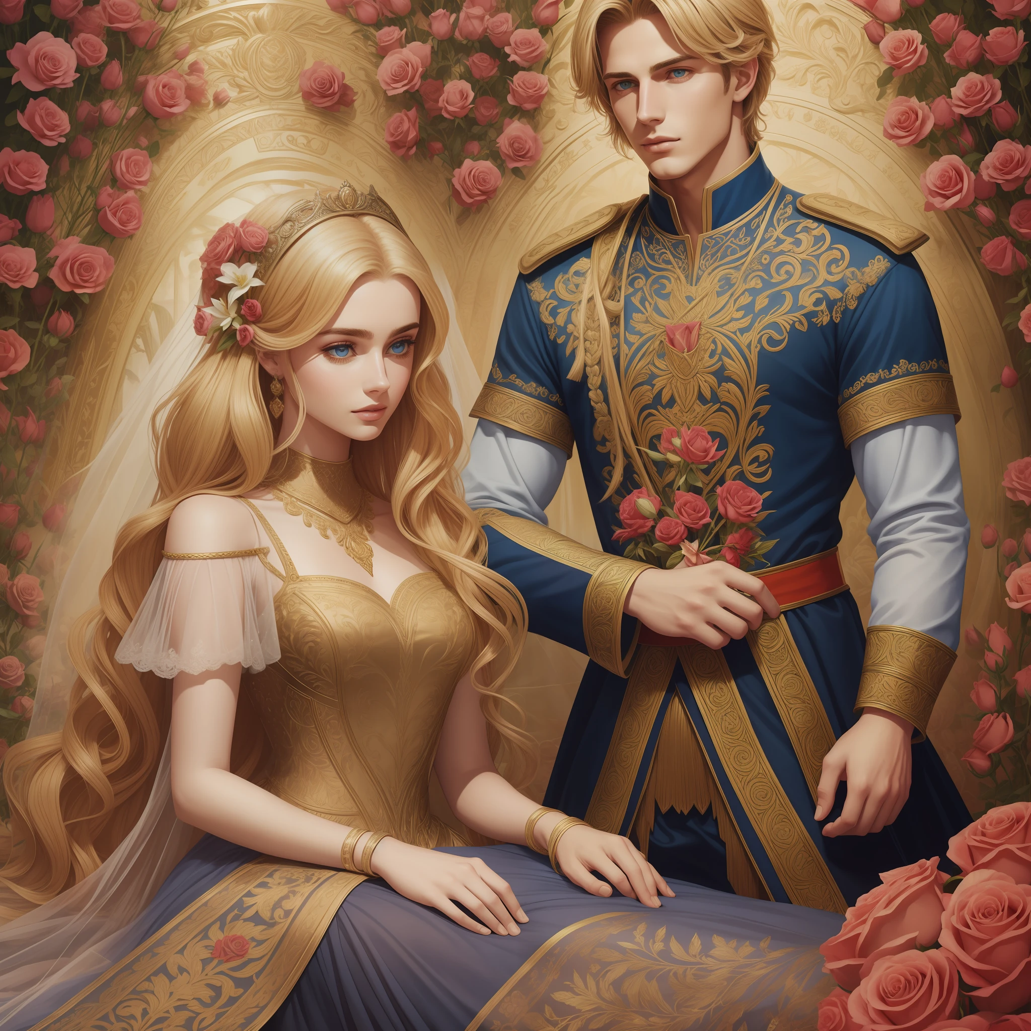 Casal se beija um home e uma mulher com muito carinho, the man Neels Visser is a prince who has golden blonde hair, wears a medieval military garb and is in love with the commoner, a mulher Lily Collins;, que tem cabelo preto moreno encaracolado e usa um vestido vermelho, Illustration of a novel book cover with a detailed background, liso, brilhante cheio de flores cobertas de hera e rosas vermelhas, castelo, Ornate dress standing on a bed of roses, Anel luminoso, dynamic lighting, ethereal lighting, ultra detalhe, arte conceitual, elegante, surreal, arte por Aykut Aydogdu