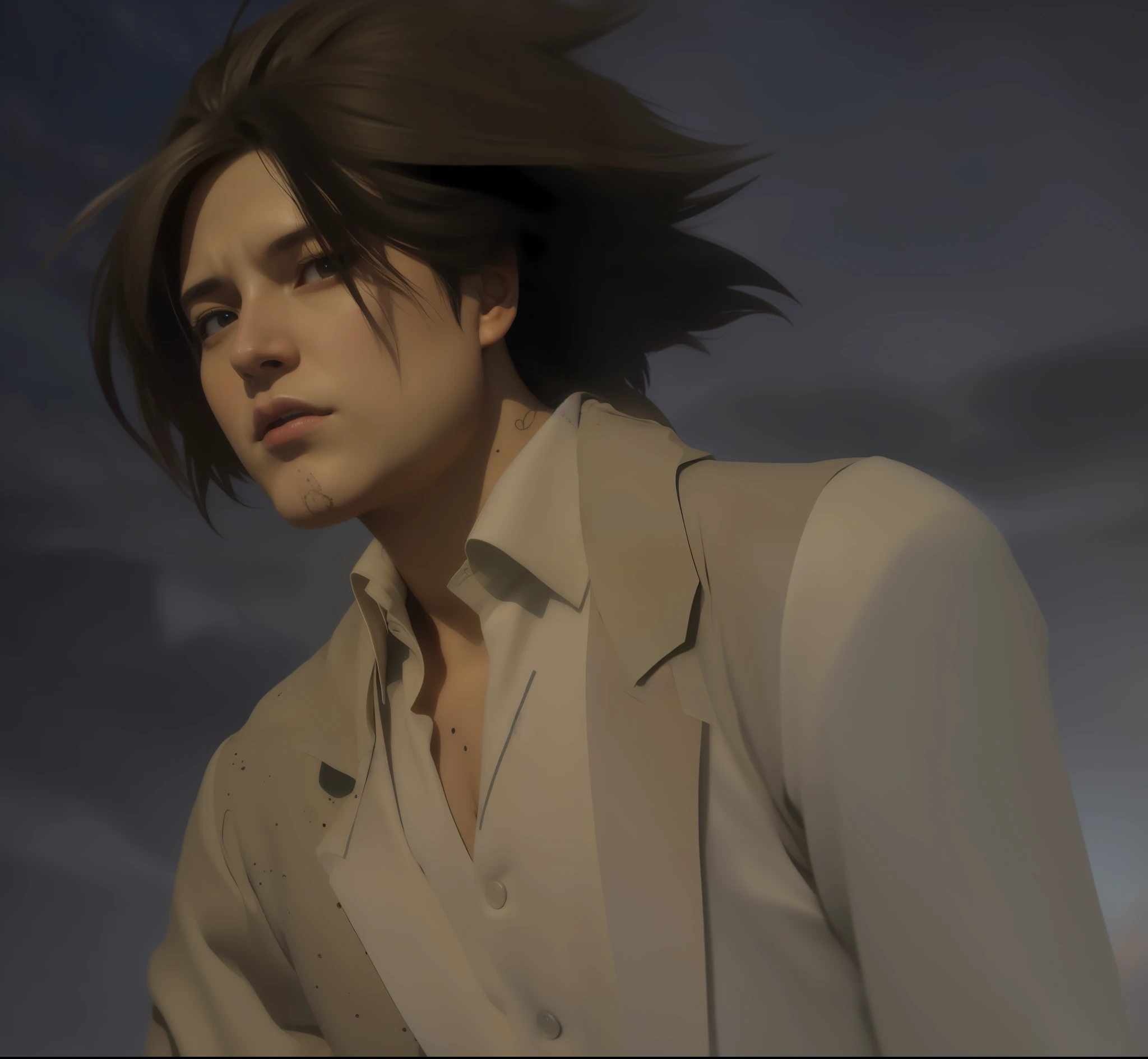 best quality, masterpiece, (realistic: 1.2), real life, live action, aot, Eren Jaeger, looking at the sky, long hair, cold background, real