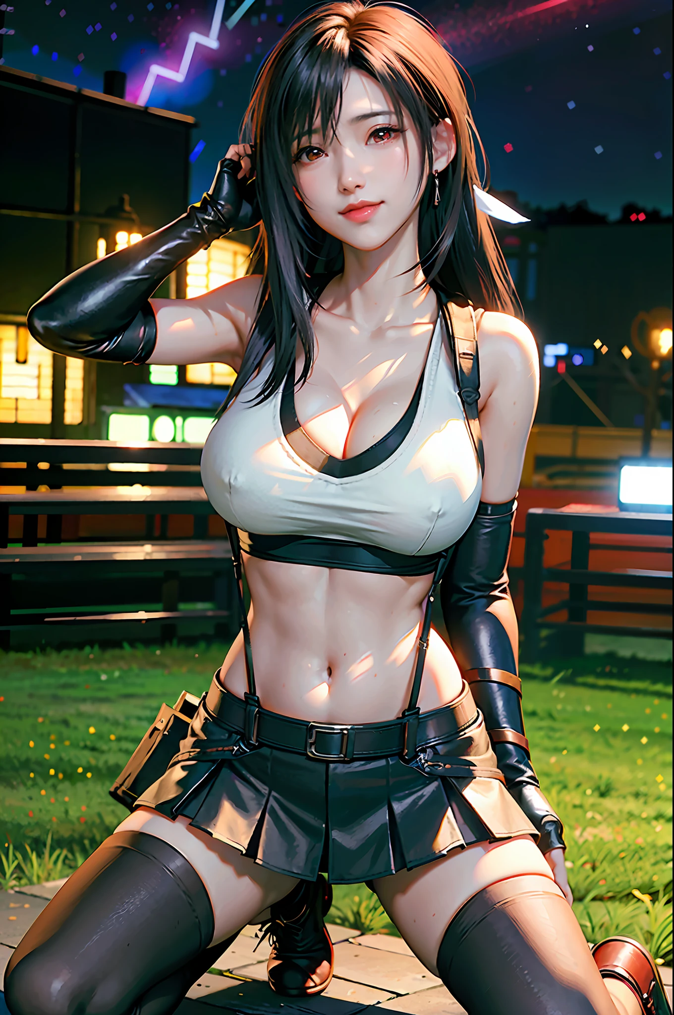 (8k、highest quality、A masterpie:1.2)、(Realistic、photorealistic:1.3 Man 7)、Super Detailed、Girl 1 Mature Mature Woman Person、cutest、solo、、、、(tifa lockheart)、(big chest)、(((Huge boobs)))、(((Shift clothes to show bra)))、(((a black bra)))、(beautiful eye)、(smile face:1.2)、(Closed)、erotic pose、dance、neons、street scenery、and depth of field、Dark and strong shadows、Sharp focus、auto、motion blur、bike、and depth of field、composition、Glowing green light、Final Fantasy VII、tool、(nose blush)、Single Elbow Pad、Ankle Boots、dark black hair、black thigh、red boots、Elbow Gloves、Elbow pads、Fingerless Gloves、Taut Shirt、sports bra、(suspenders,,,)Black Skirt)、thights、white tank top、All over body、head rest、s lips、Facial、Low Tai Long Hair、(red_Ojo))、Yellow flowers、(night:1.3)、Complex、Bokeh、Cinematic Lighting、Photon mapping、Radiosity、physically based rendering、(Tetsuya Nomura Style)、NSFW、Perfect Breast