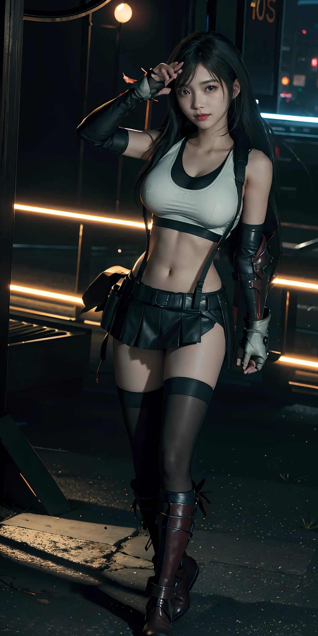 (8ｋ、highest quality、A masterpie:1.2)、(Realistic、photorealistic:1.3 Man 7)、Super Detailed、Girl 1 Mature Mature Woman Person、cutest、solo、、、、(tifa lockheart)、(big chest)、(((Huge boobs)))、(((Shift clothes to show bra)))、(((a black bra)))、(beautiful eye)、(smile face:1.2)、(Closed)、erotic pose、dance、neons、street scenery、and depth of field、Dark and strong shadows、Sharp focus、auto、motion blur、bike、and depth of field、composition、Glowing green light、Final Fantasy VII、tool、（nose blush）、Single Elbow Pad、Ankle Boots、dark black hair、black thigh、red boots、Elbow Gloves、Elbow pads、Fingerless Gloves、Taut Shirt、sports bra、（suspenders,,,）Black Skirt)、thights、white tank top、All over body、head rest、s lips、Facial、Low Tai Long Hair、(red_Ojo))、Yellow flowers、(night:1.3)、Complex、Bokeh、Cinematic Lighting、Photon mapping、Radiosity、physically based rendering、(Tetsuya Nomura Style)、NSFW、Perfect Breast
