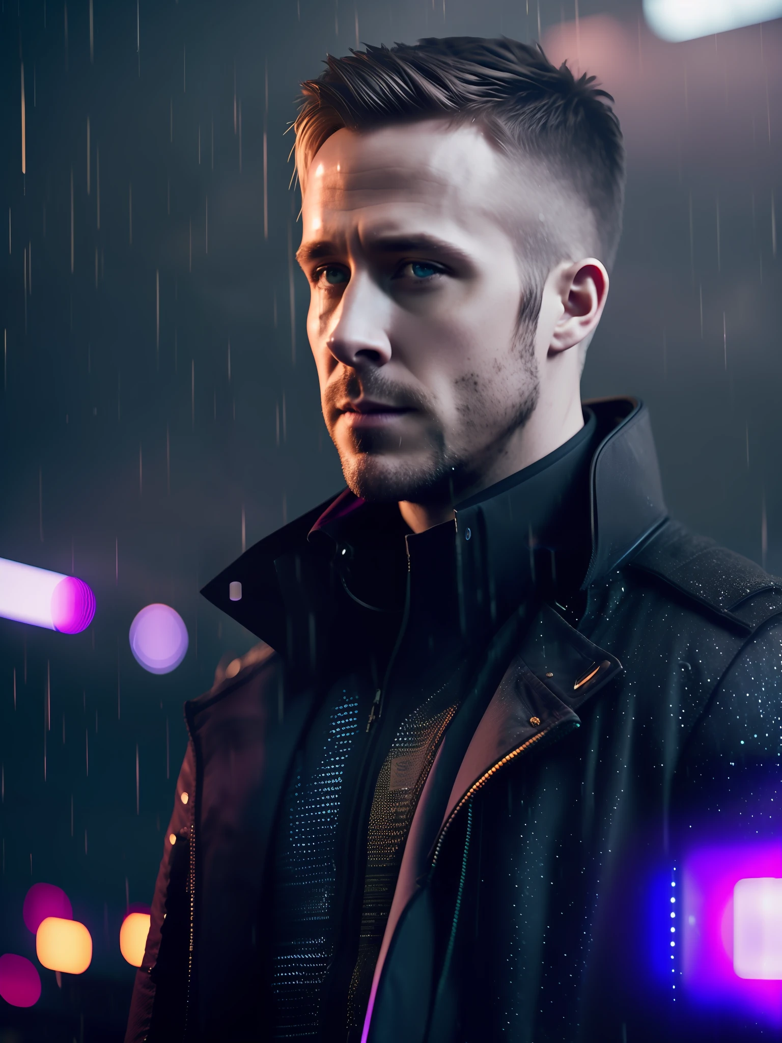 Ryan gosling award-winning photo of a man, black suit, square jawline, asymmetric face, in rain, purple light, 80mm, bokeh, mass effect, close up, fking_cinema_v2, 8k, cinematic