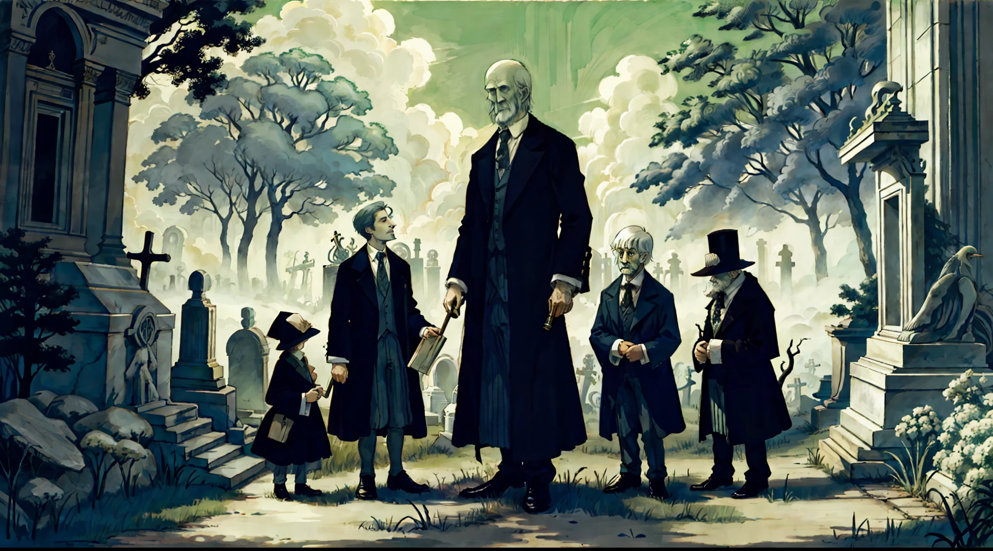An elemental cryptid in an enchanting cemetery by Edward Gorey and Fritz Bleyl