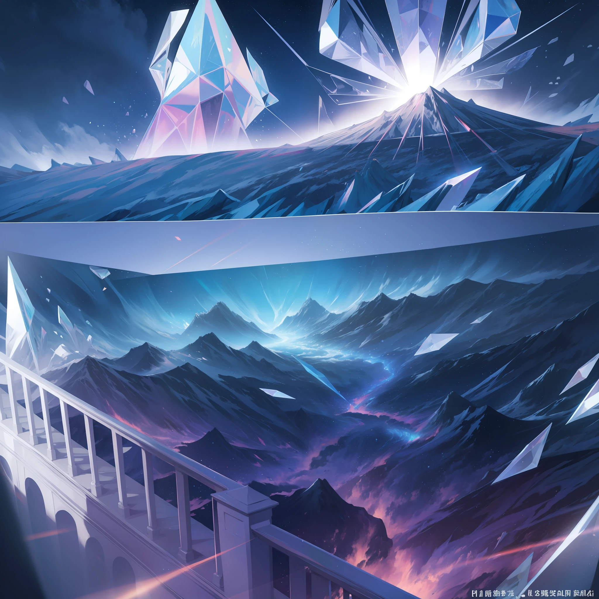 a long stairs to the top of the mountain top, foggy, crystal besides, buring the night, light from the crystals, two dragon pupil show in the fog, Wide-Angle, depth of field, ray tracing, reflection light, polar opposites, rotational symmetry, glowing light, blending, UHD, masterpiece, high quality, best quality, super detail, UHD