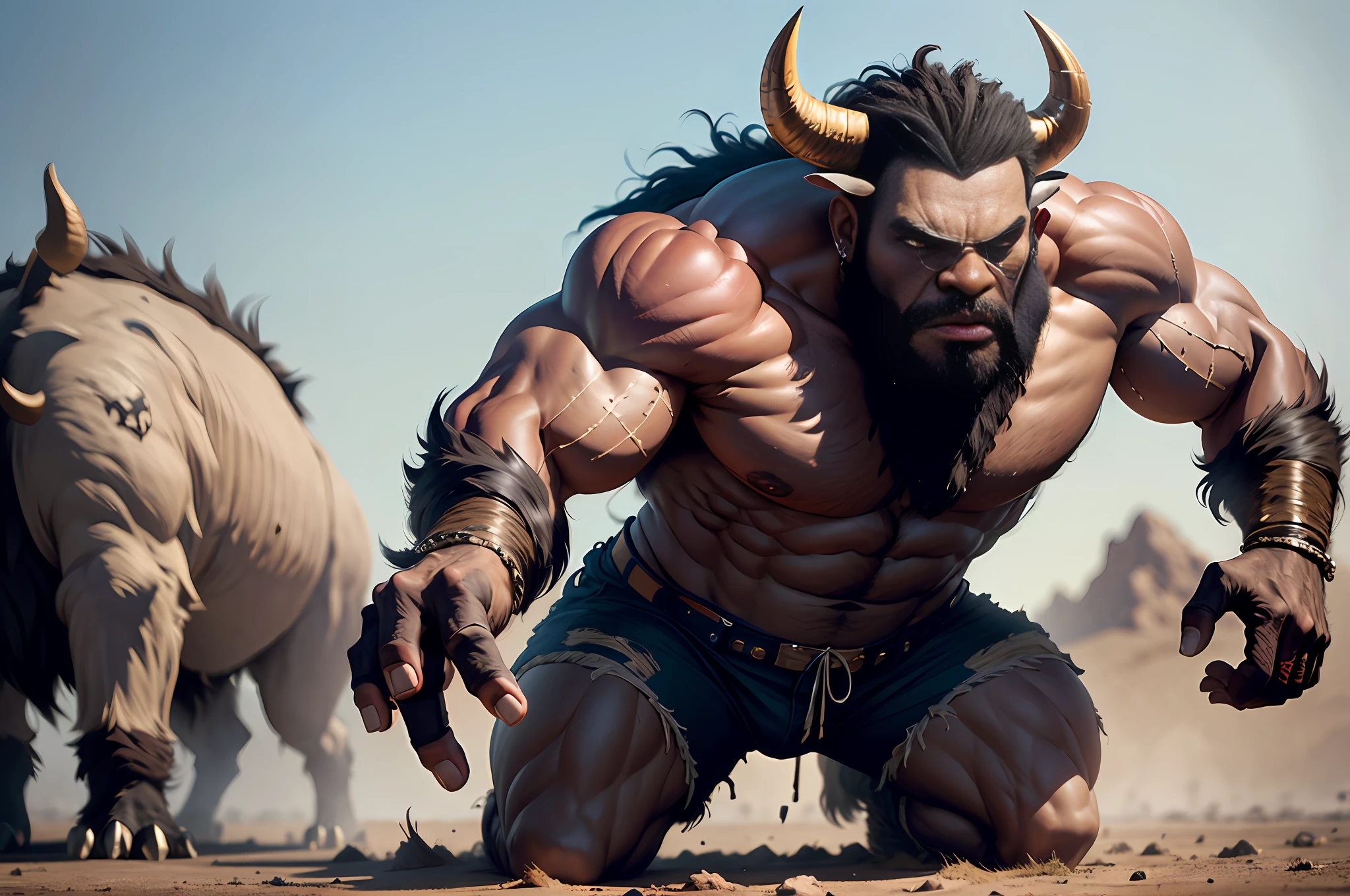 Humanoid, mix of buffalo with man, monster style, strong muscle, chest hair, angry face, ((best quality)), mega realistic, shredded shorts, buffalo horn, striking look, depth of field, ox skeletons on the ground, looking at the viewer, intimidating pose, showcase, african scenery