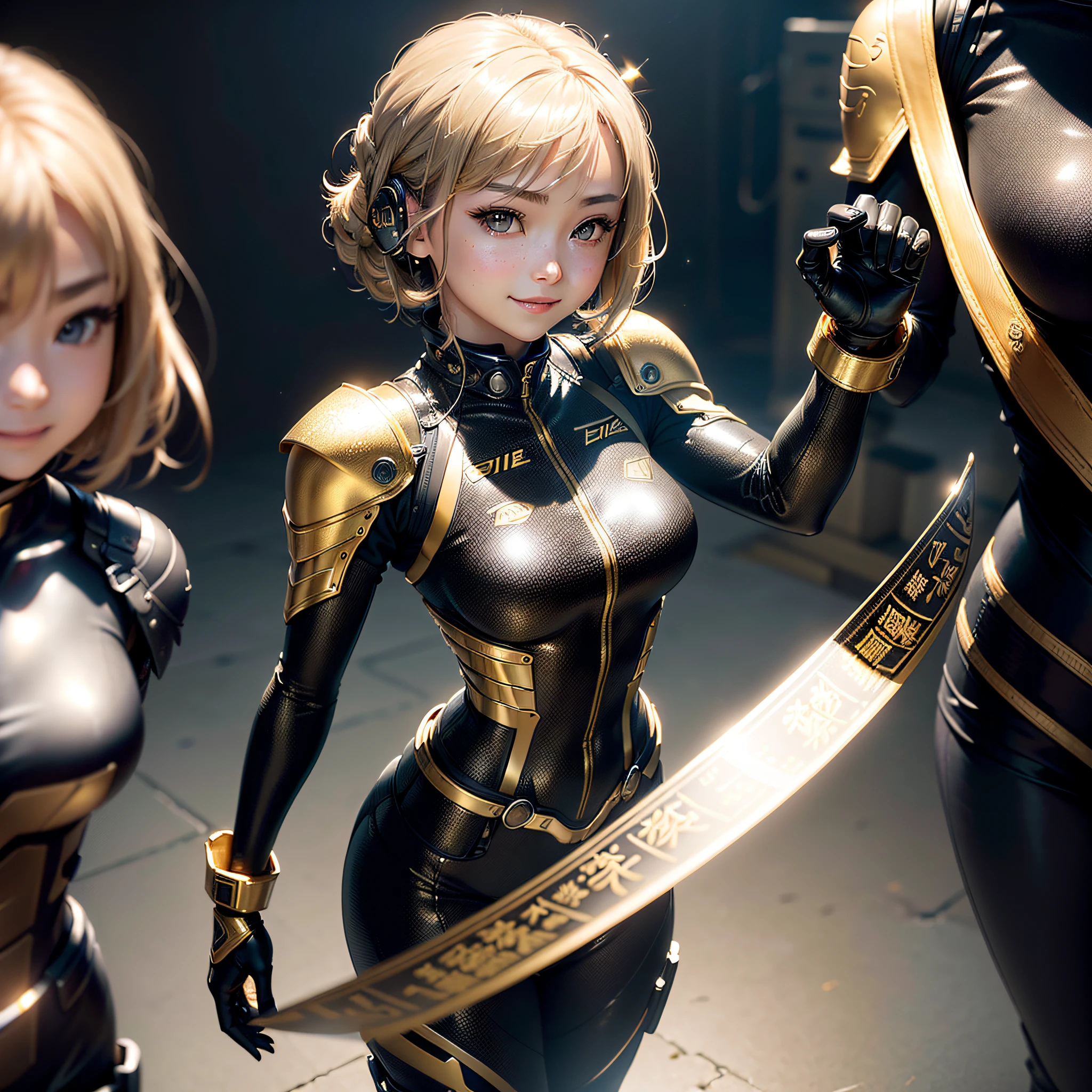 (A masterpie、bestquality、Top Resolution、distinct_image、Highly elaborate CG、Cinematic Lighting、raytracing、drop shadow、Detailed details、(photorealistic:1.4)、High quality textures、Fine-grained、Realistic facial expressions): (Lone Girl、Japan faces、Girl with golden hair、short hair、small size of breasts、Glittering black colored eyes、Eye Level Shot、Metal golden flight suit、Tight Fit Clothing、Clothing that covers the whole body、light grin smile、Beauty during、Slim Body、exoskeleton、heroine、headset、long boots、glove、Military base background)