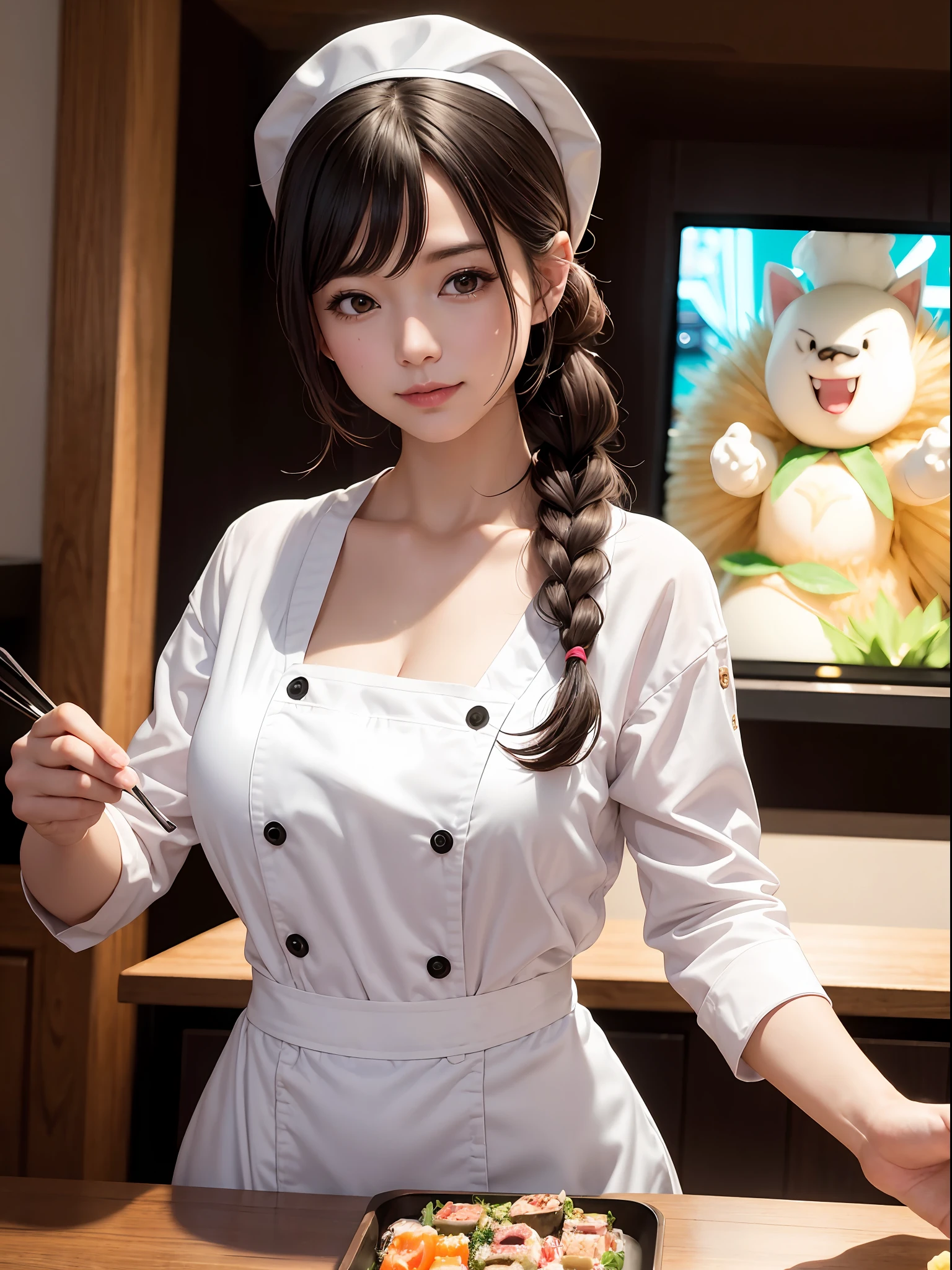 best quality, ultra-detailed, high resolution, extremely detailed cg, anime picture, unity 8k wallpaper, pov , heaping mushroom pasta, dark sushi master, dark sushi bar,chef,floral blouse, cute girl, (human:1),(voluptuous,well-endowed,Solo),(1lady, cook),chef,25 years old,crimson hair, short braid, (idolmasters), bar, cold smile ,intake,collarbone,cooking, epic,pin up art, collarbones, cooking, epic,lucky star, multiple focus