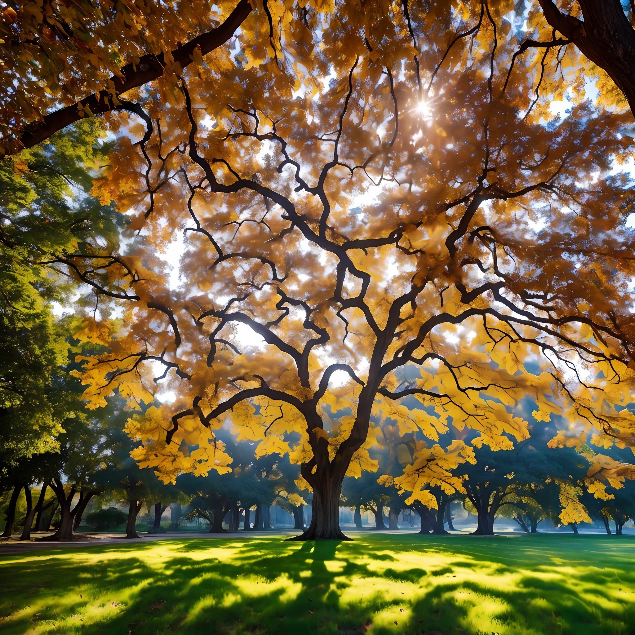 "Create an image that captures the serenity and majesty of a plane tree, destacando sua copa frondosa e a sombra acolhedora que ele proporciona. A imagem deve transmitir um sentimento de tranquilidade, highlighting the symbolic importance of the tree as a refuge and a symbol of beauty and stability in nature. Use soft colors and visual elements that emphasize the grandeur and delicacy of this iconic tree, evoking the feeling of a serene and welcoming environment." --auto --s2