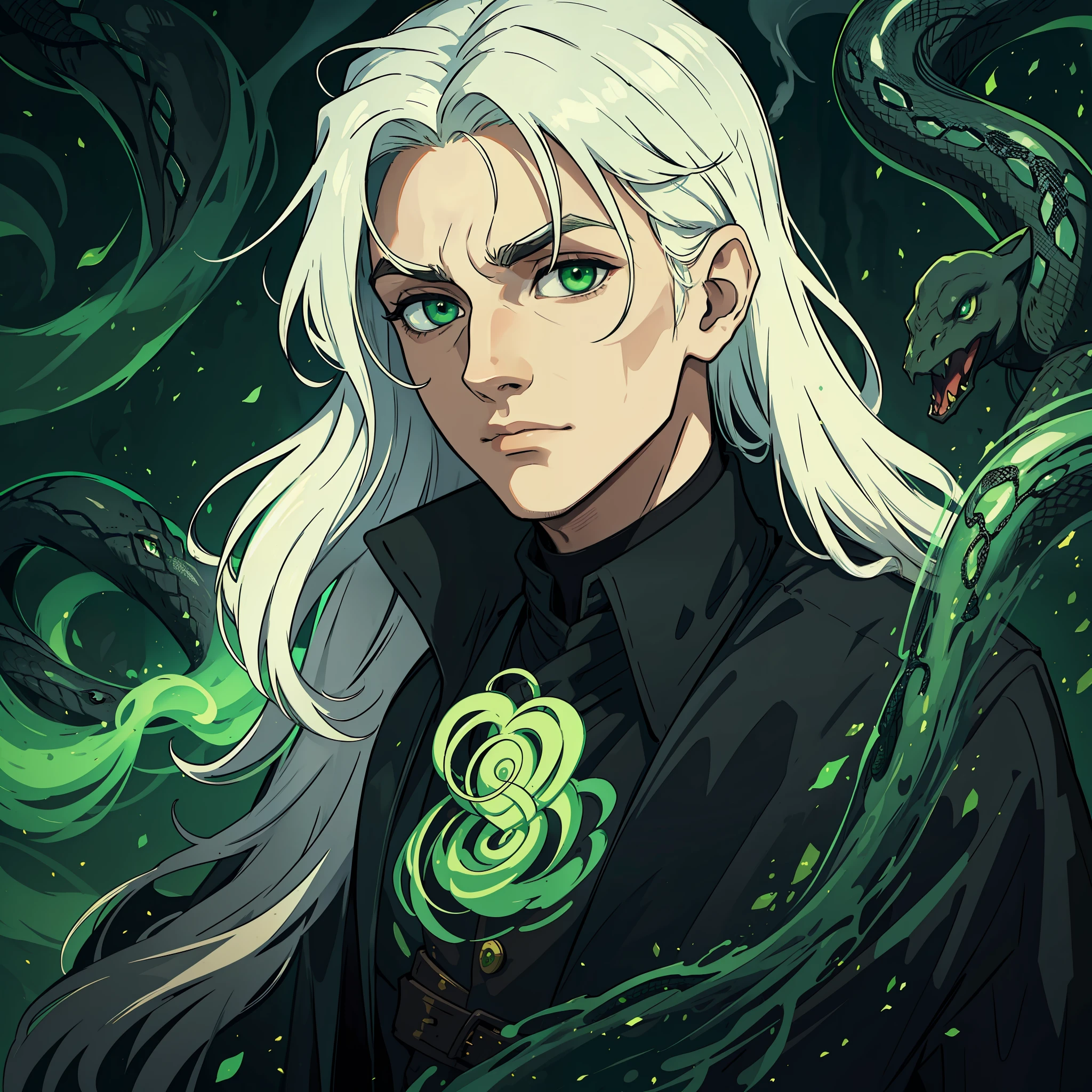 A young man with long, white hair with green eyes, wearing elegant black clothes from a medieval era, he has a gentle look and is surrounded by snakes, green smoke and greenish lights;