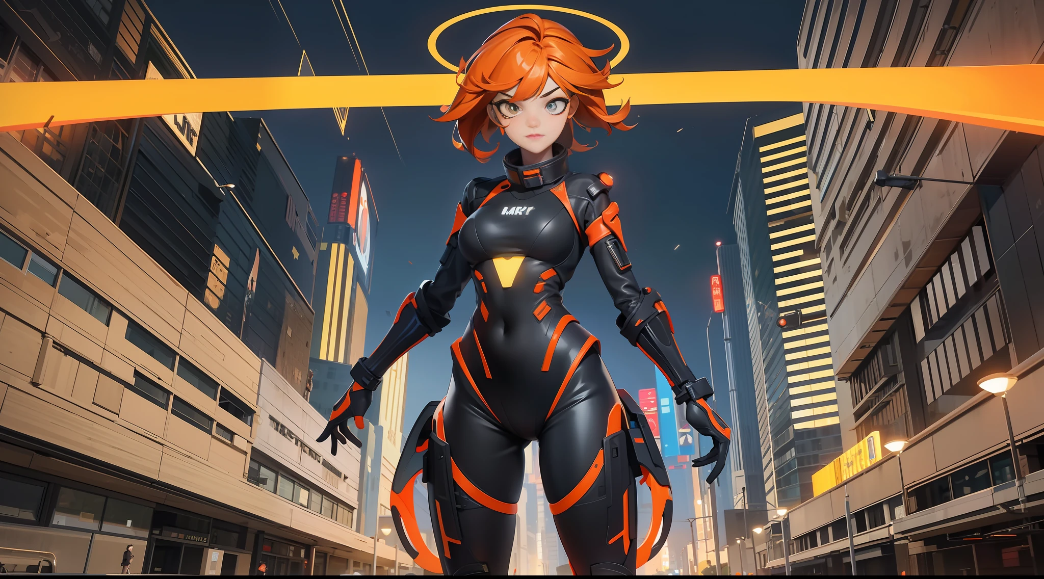 full body picture Unreal Engine 5 8K UHD of beautiful girl, naughty face, tomboy orange hair, wearing futuristic black tight battle suit, half face cyberpunk mask, futuristic neck collar, yellow light details, beauty makeup, best quality, masterpiece