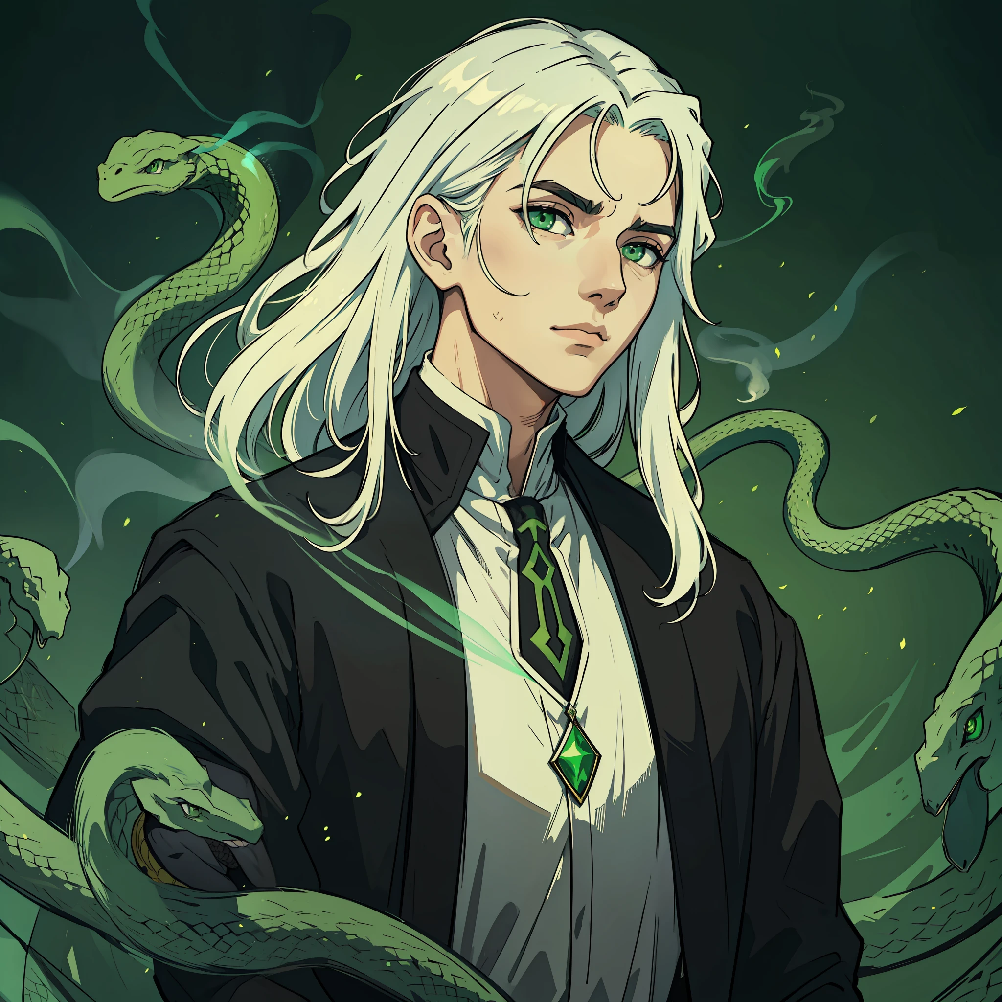 A young man with long, white hair with green eyes, wearing elegant black clothes from a medieval era, he has a gentle look and is surrounded by snakes, green smoke and greenish lights;