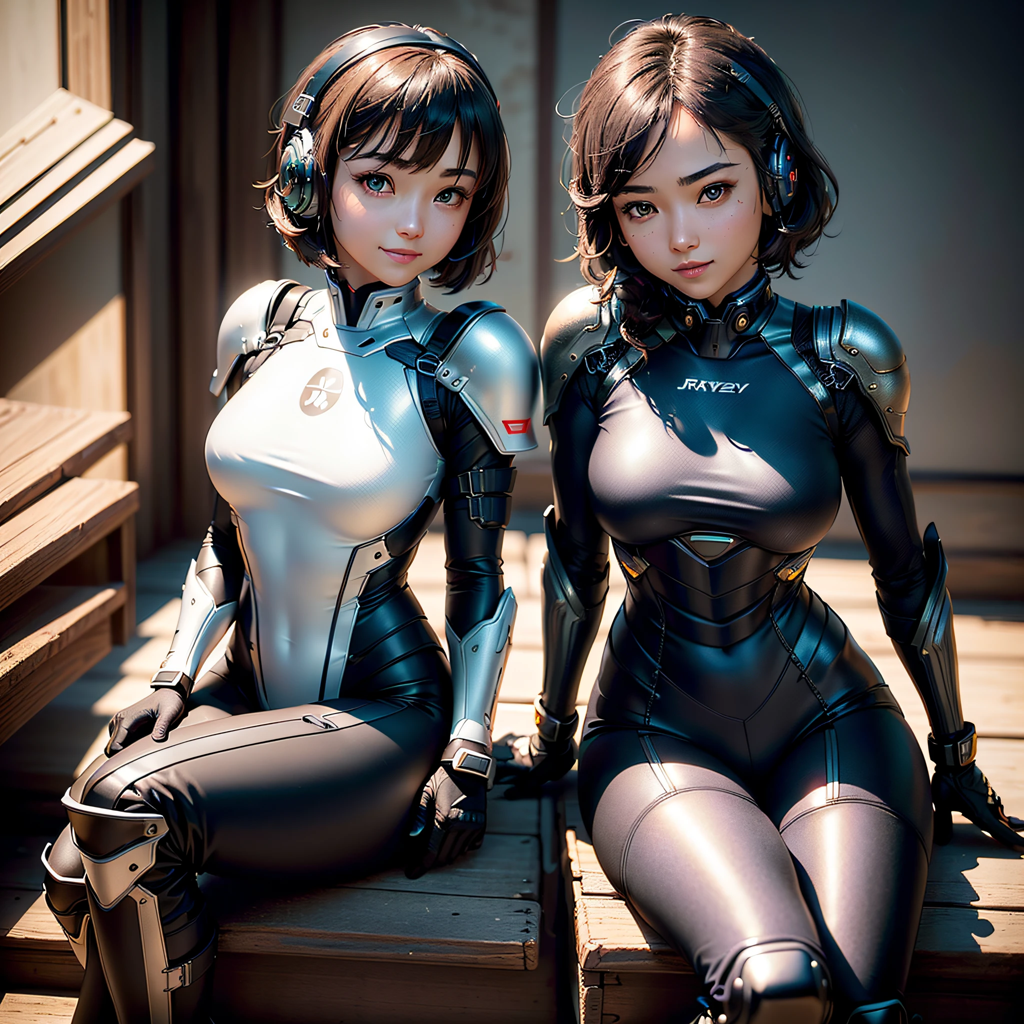 (A masterpie、bestquality、Top Resolution、distinct_image、Highly elaborate CG、Cinematic Lighting、raytracing、drop shadow、Detailed details、(photorealistic:1.4)、High quality textures、Fine-grained、Realistic facial expressions): (Lone Girl、Japan faces、Girl with brown hair、short hair、small size of breasts、Glittering black colored eyes、Eye Level Shot、Sitting and leaning forward、Pilot suit in metallic black color、Tight Fit Clothing、Clothing that covers the whole body、light grin smile、Beauty during、slim body、exoskeleton、heroine、headset、long boots、glove)