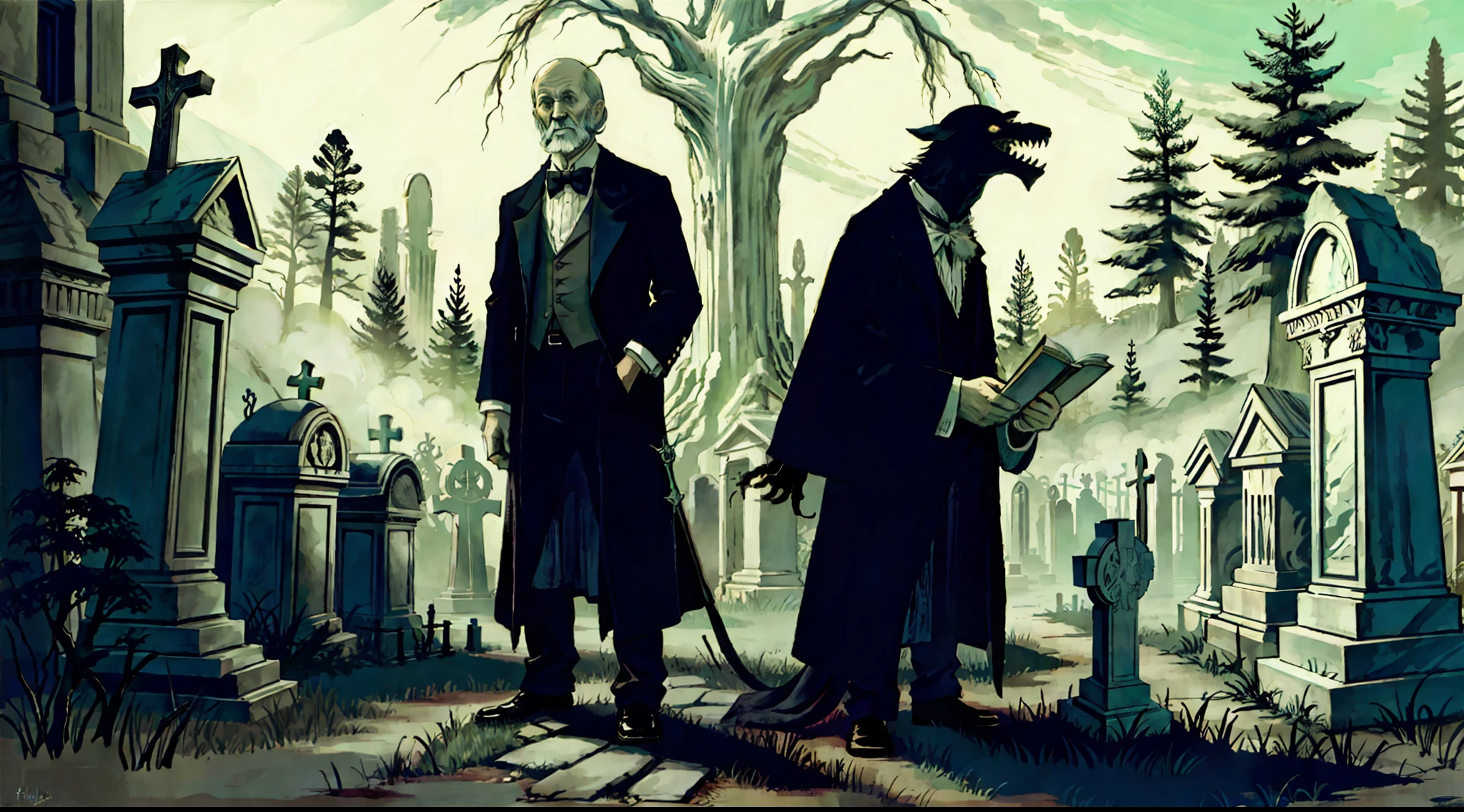 An elemental cryptid in an enchanting cemetery by Edward Gorey and Fritz Bleyl
