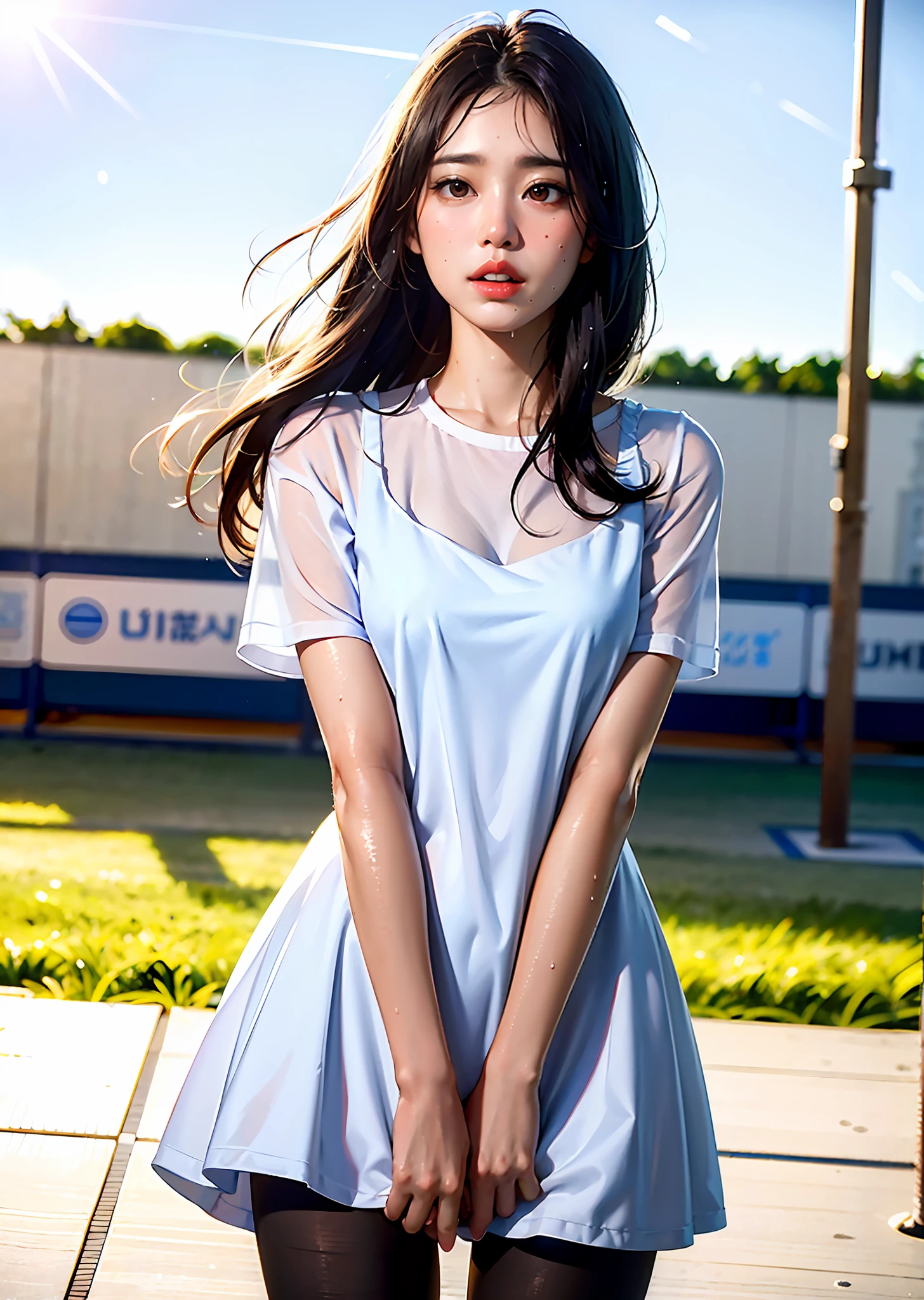 (8k,Bestquality,Jeizuo:1.2),(lifelike,lifelike:1.37),Hyperdetailed,Bestquality,Super High Resolution,Professional Lighting,Photon Mapping,Radiosity,physical based rendering,cinematic Lighting,Clear sky, basketball court, depthoffield, crisp focus, sunbeams, good composition, (bokeh:1.2) 1girl, single person, (All over body), (Keep your mouth shut), Beautiful Detailed Eyes, posture, narrow waist, Silk nightdress dress,tennis wear,Brunette Hair,Disheveled hair,Long hair flutters in the wind,(ulzzang-6500:1.2),bpantyhose,(raining,Fluoroscopy,wet shirt,wet hair,Wet clothes:1.2),