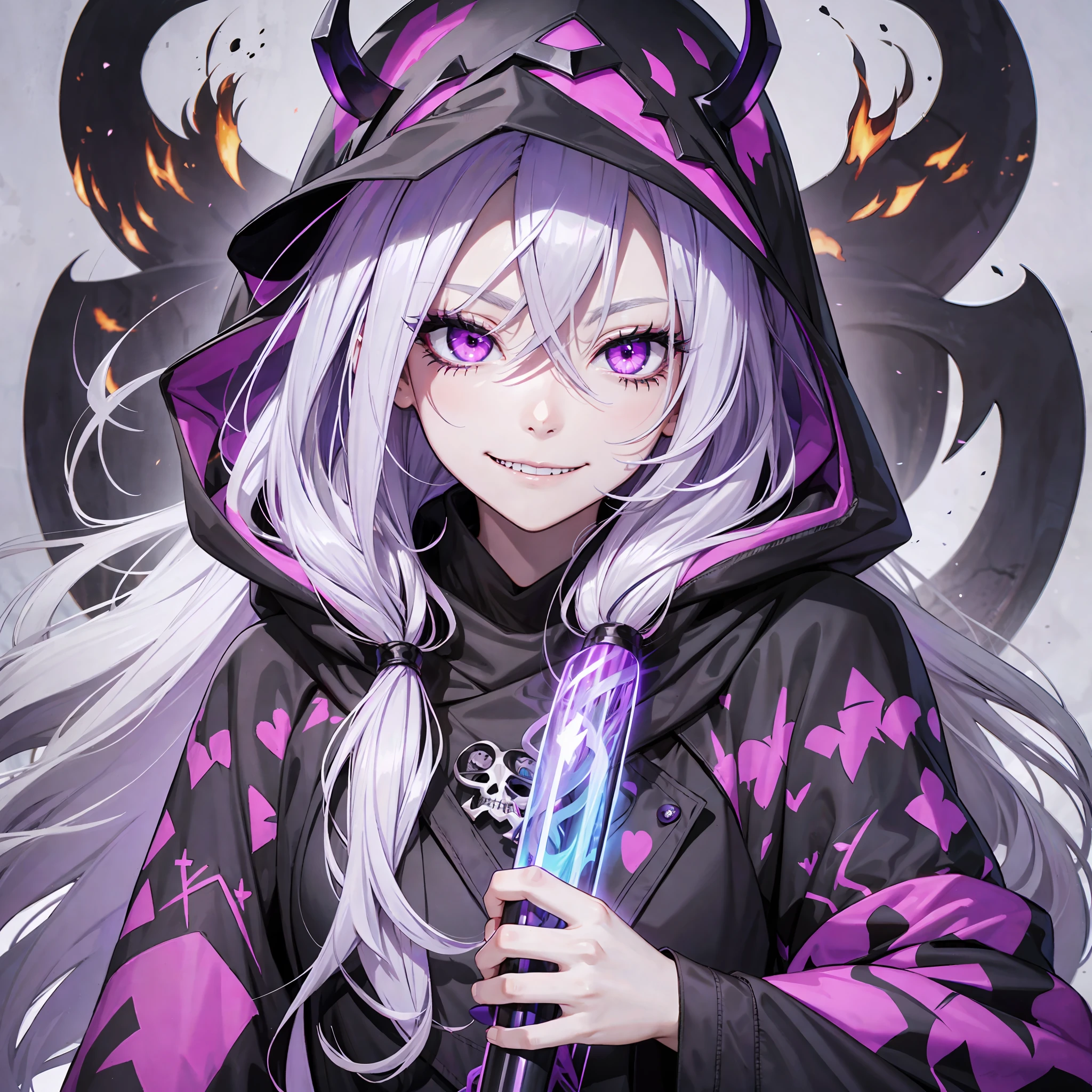 Grim reaper girl, purple eyes, long silver hair, hood and cape, skull makeup on cheeks, creepy smile, fire scythe, magic, night, forest, TT WAI --auto --s2