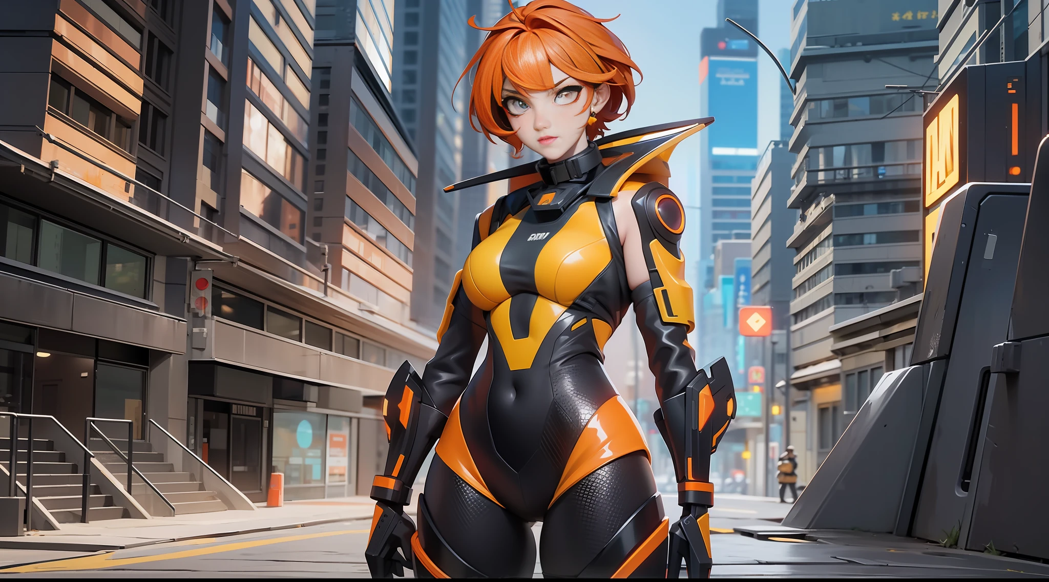 full body picture Unreal Engine 5 8K UHD of beautiful girl, naughty face, short tomboy orange hair, wearing futuristic black tight battle suit, half face cyberpunk mask, futuristic neck collar, yellow light details, beauty makeup, best quality, masterpiece