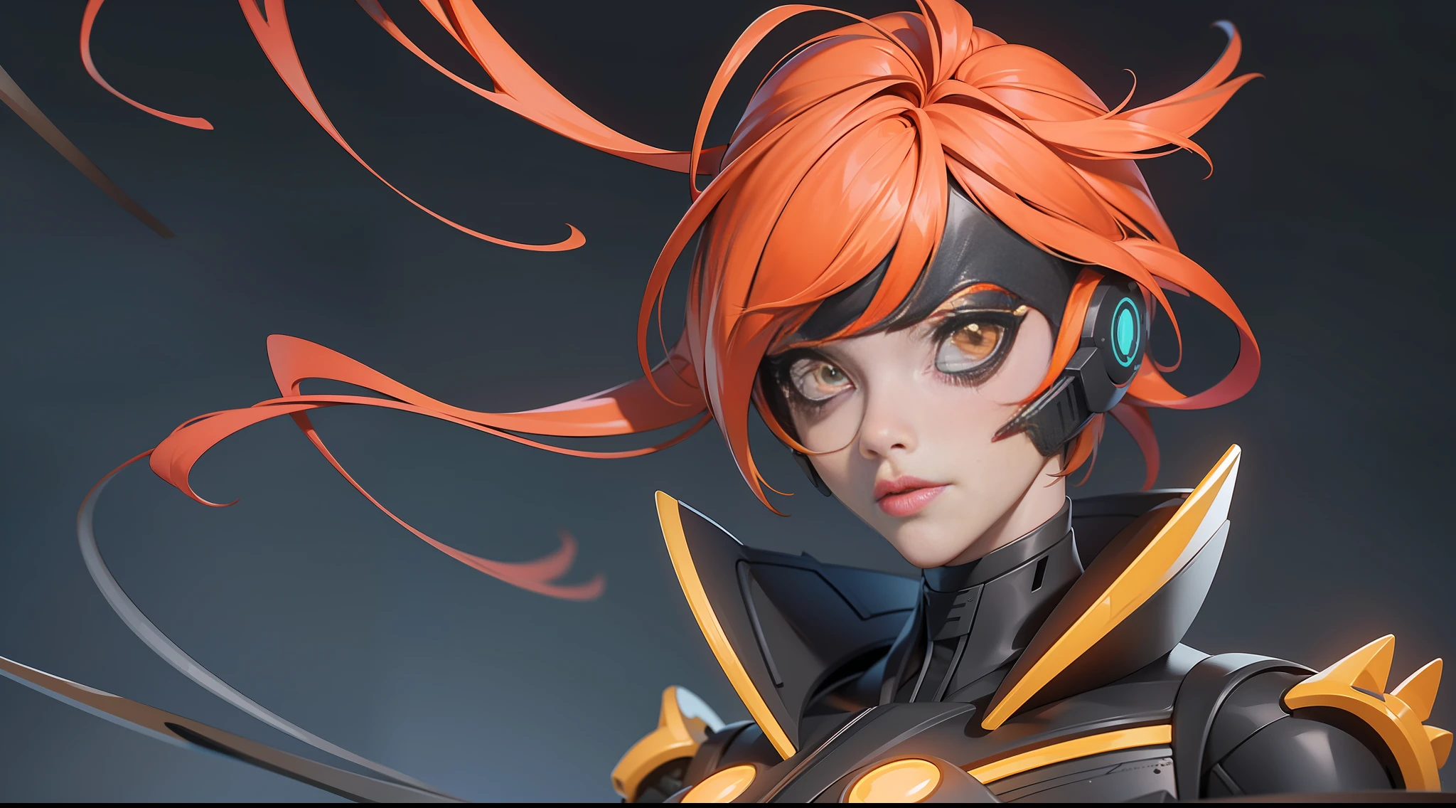 full body picture Unreal Engine 5 8K UHD of beautiful girl, naughty face, short tomboy orange hair, wearing futuristic black tight battle suit, half face cyberpunk mask, futuristic neck collar, yellow light details, beauty makeup, best quality, masterpiece