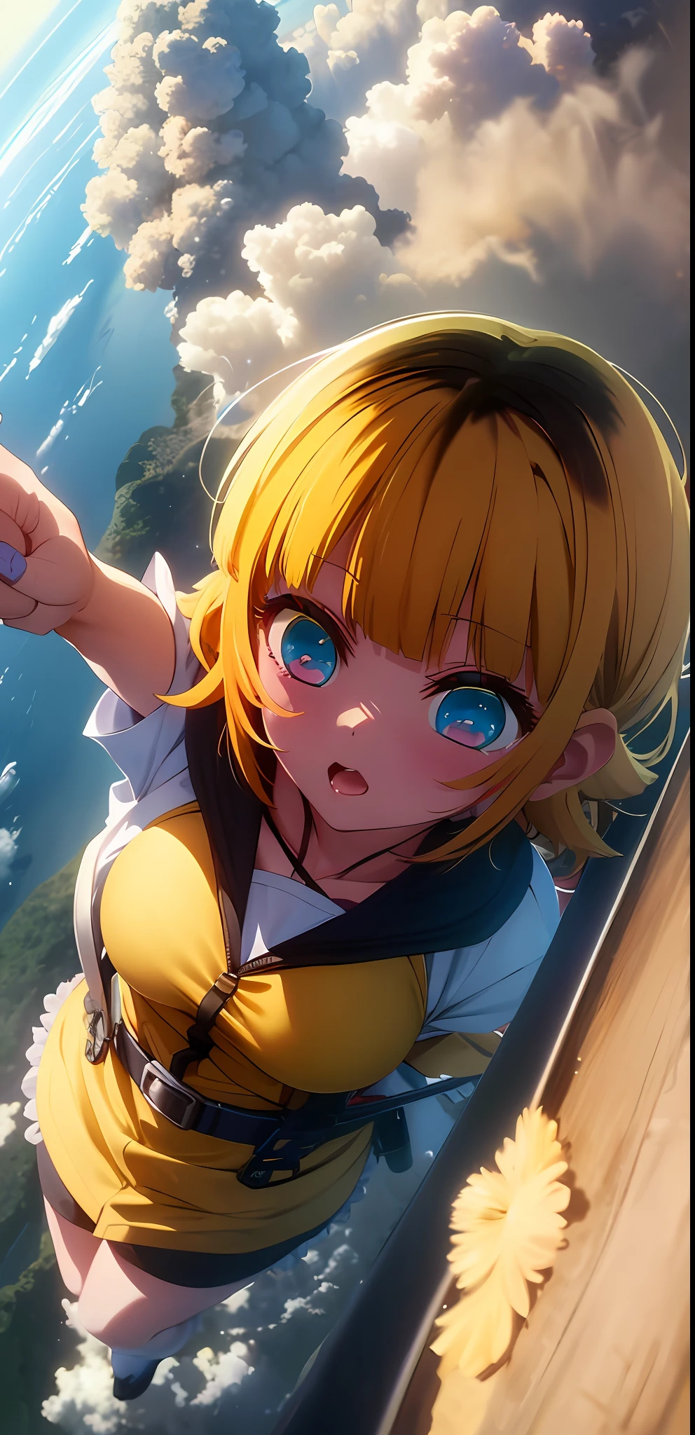 (incredibly absurdres), (best quality), high resolution, highres, distinct image, solo focus, flying, sky high, air current, (above clouds:1.3), (Air Drop, high falling:1.1), 1girl,  yellow hair, blue eyes, medium breast,from above, ground,