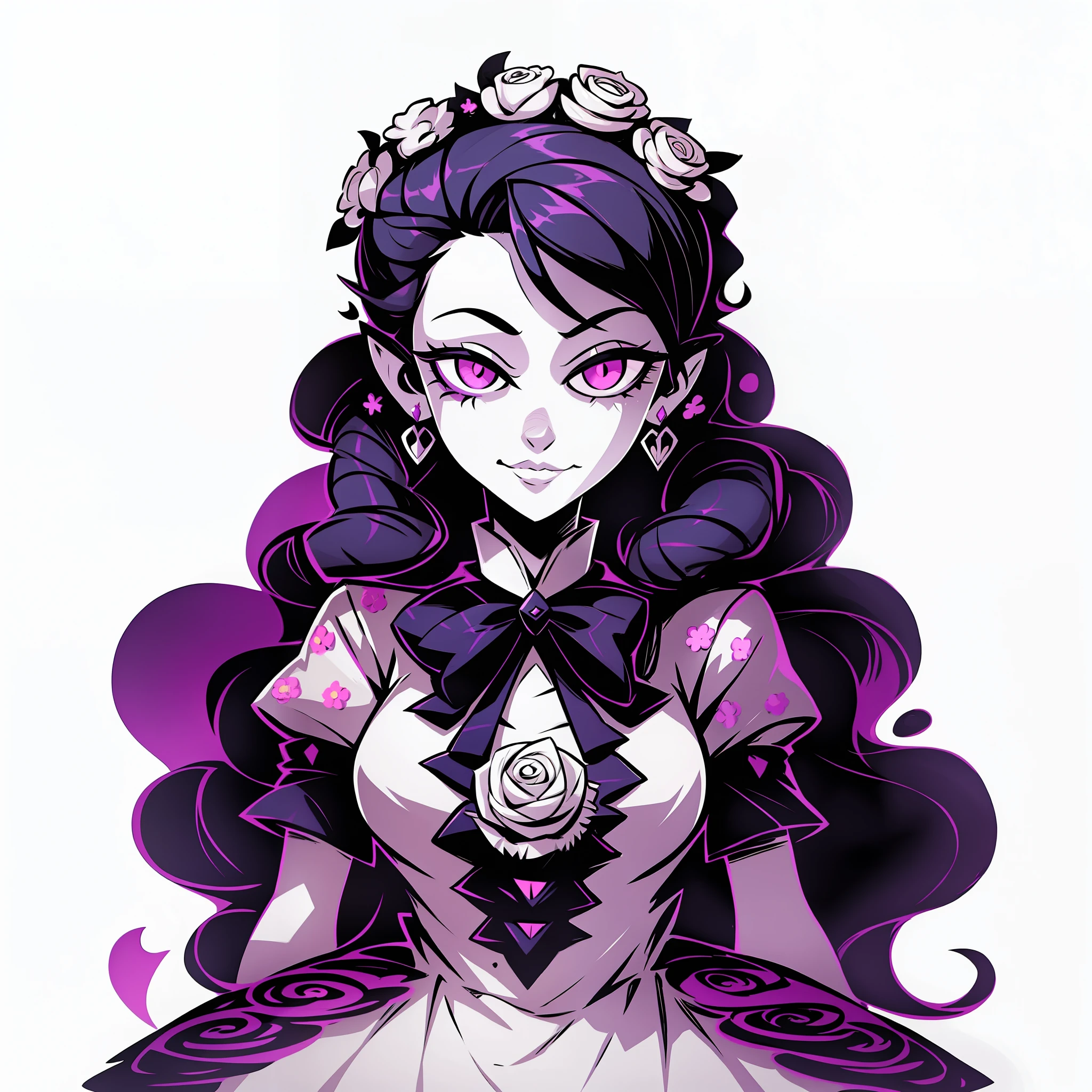 vaso de rosas criativas"Don't starve" character sprite , girl, Floral inspiration cupcakes, Don`t Starve Together game style, Tim Burton, white background, long curly hair that falls down, Jeff Agala, dark apperence, big head, Don`t Starve Together character, Character