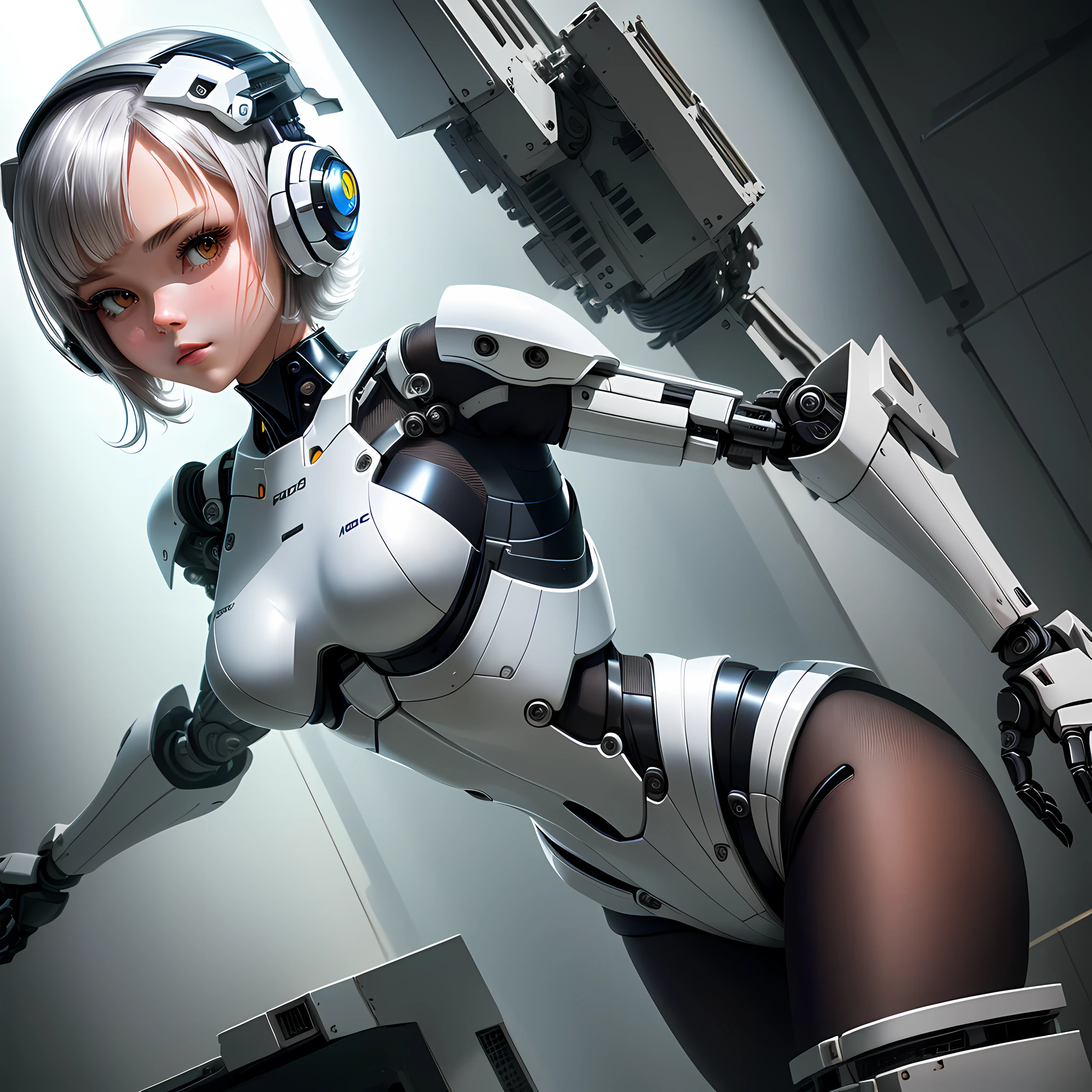 robot girl, plugsuit, human head, cute girly face, short hair, robotic arms, robotic legs, robotic hips, black bodysuit, metallic mesh, white armor bra, white armor panties, studio lighting, detailed robotics, hydraulics, mechanical joints, doll like, highly detailed, sharp, high quality, cutting edge, beautiful render, dramatic pose, detailed shading