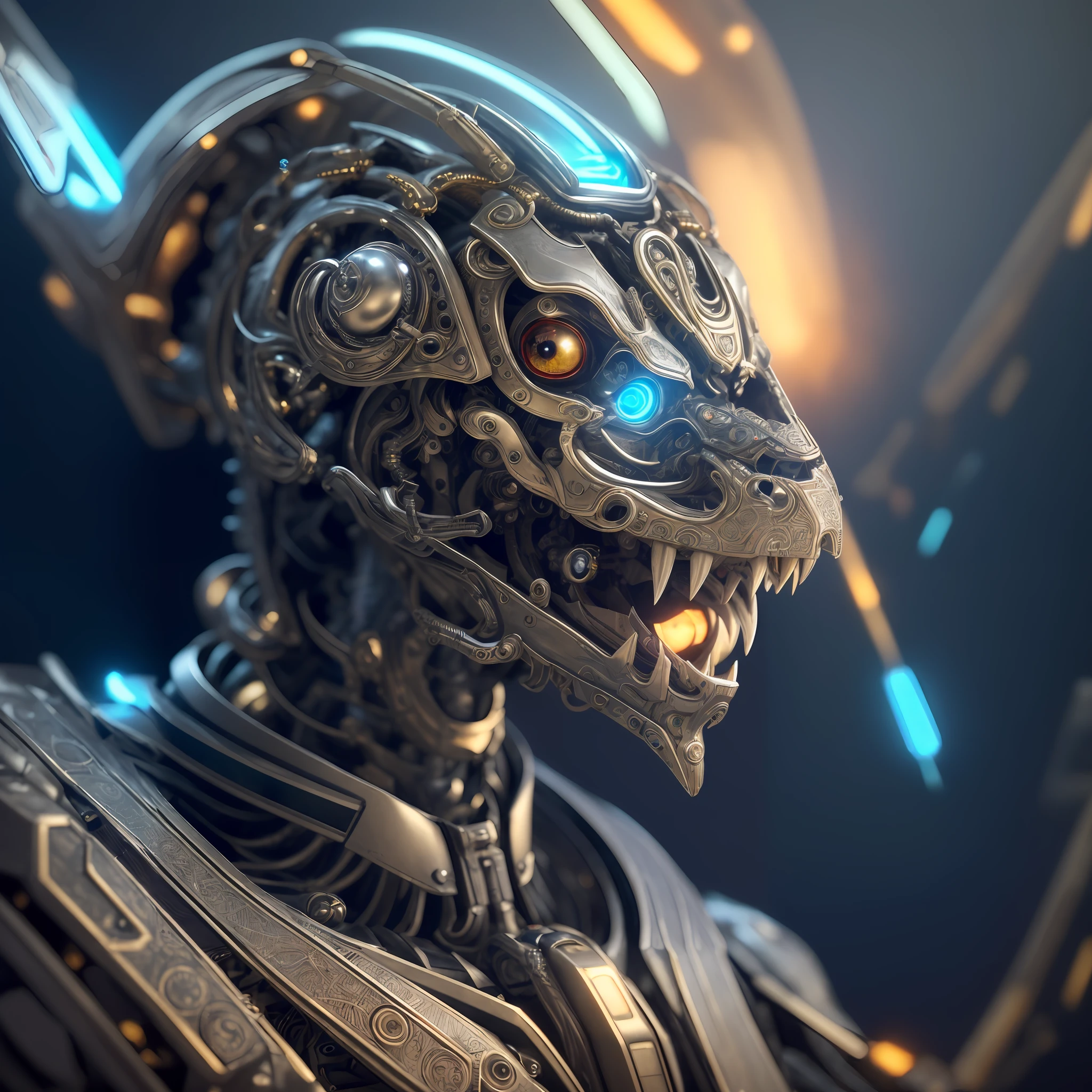 there is a close up of a robot with glowing eyes, detailed portrait of a cyborg, cybernetic and highly detailed, sharp sleek cyborg dragon head, cyborg dragon portrait, beautiful biomechanical djinn, 4k highly detailed digital art, cyber steampunk 8 k 3 d, close-up portrait of cyborg, sharp cyborg dragon head, intricate cyborg