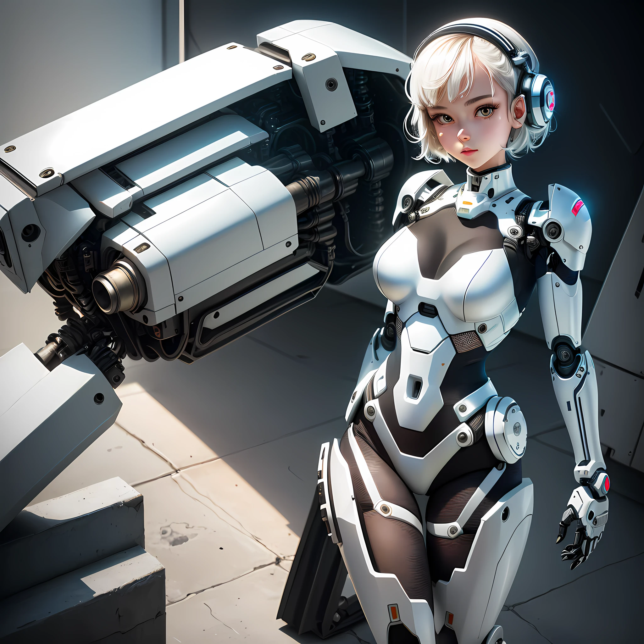 robot girl, plugsuit, human head, cute girly face, short hair, robotic arms, robotic legs, robotic hips, black bodysuit, metallic mesh, white armor bra, white armor panties, studio lighting, detailed robotics, hydraulics, mechanical joints, doll like, highly detailed, sharp, high quality, cutting edge, beautiful render, dramatic pose, detailed shading