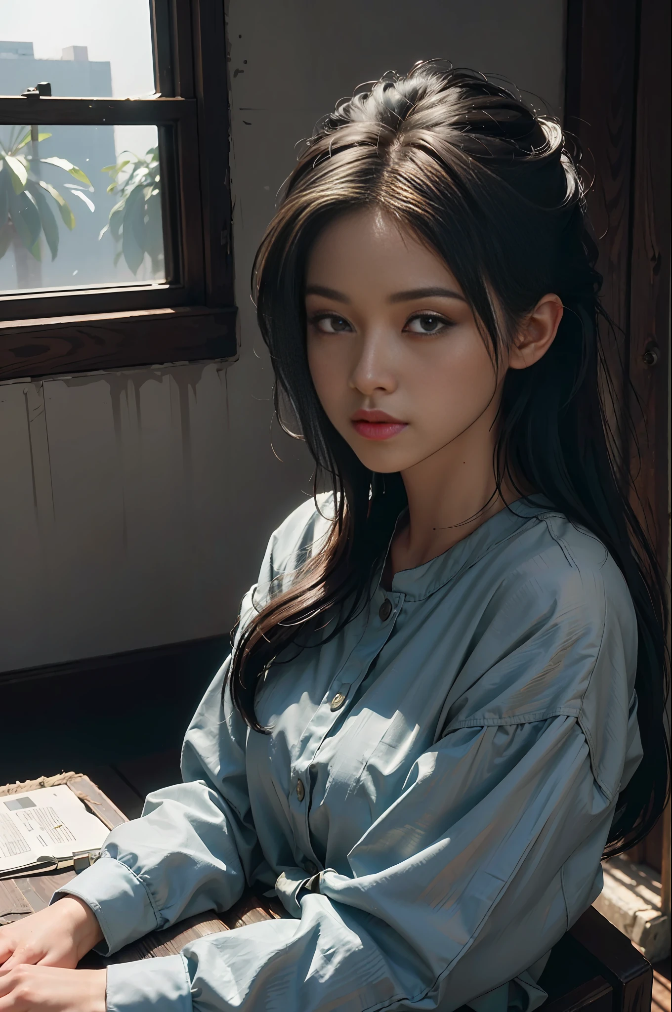 (RAW photo, 4k, masterpiece, high res, extremely intricate) (photorealistic:1.4), cinematic lighting
1girl, solo focus, summer noon, hot, 1990s \(style\),cowboy shot,indoors