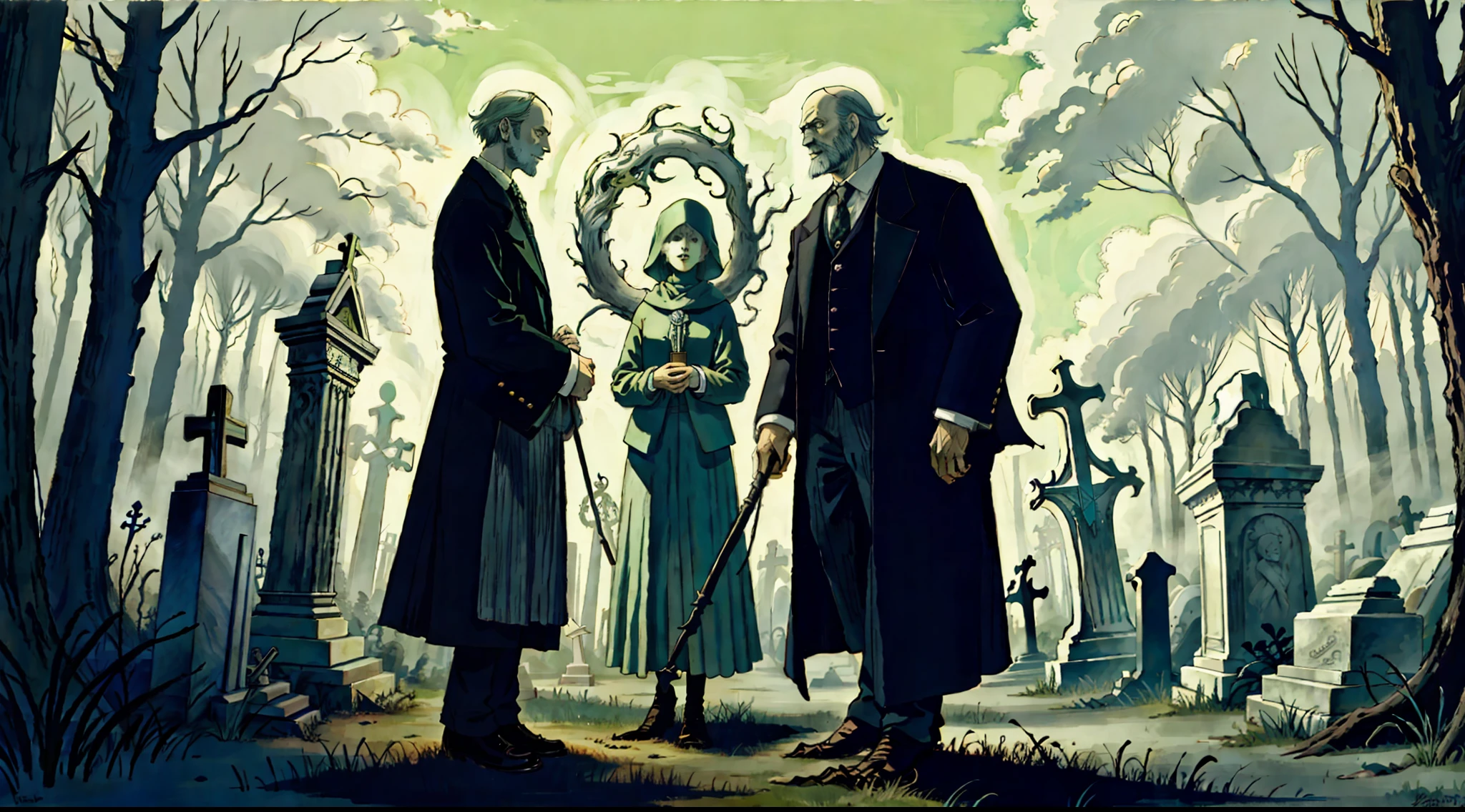 An elemental cryptid in an enchanting cemetery by Edward Gorey and Fritz Bleyl