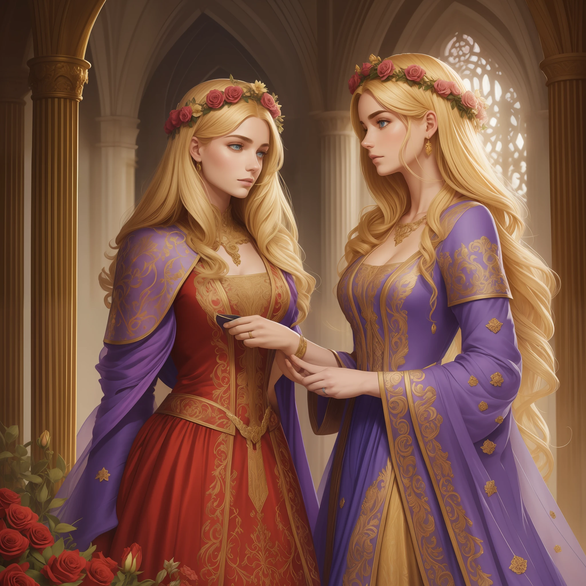 Casal se beija um home e uma mulher com muito carinho, the man Neels Visser is a prince who has golden blonde hair, wears a medieval military garb and is in love with the commoner, a mulher Lily Collins;, que tem cabelo preto moreno encaracolado e usa um vestido vermelho, Illustration of a novel book cover with a detailed background, liso, brilhante cheio de flores cobertas de hera e rosas vermelhas, castelo, Ornate dress standing on a bed of roses, Anel luminoso, dynamic lighting, ethereal lighting, ultra detalhe, arte conceitual, elegante, surreal, arte por Justin Gerard