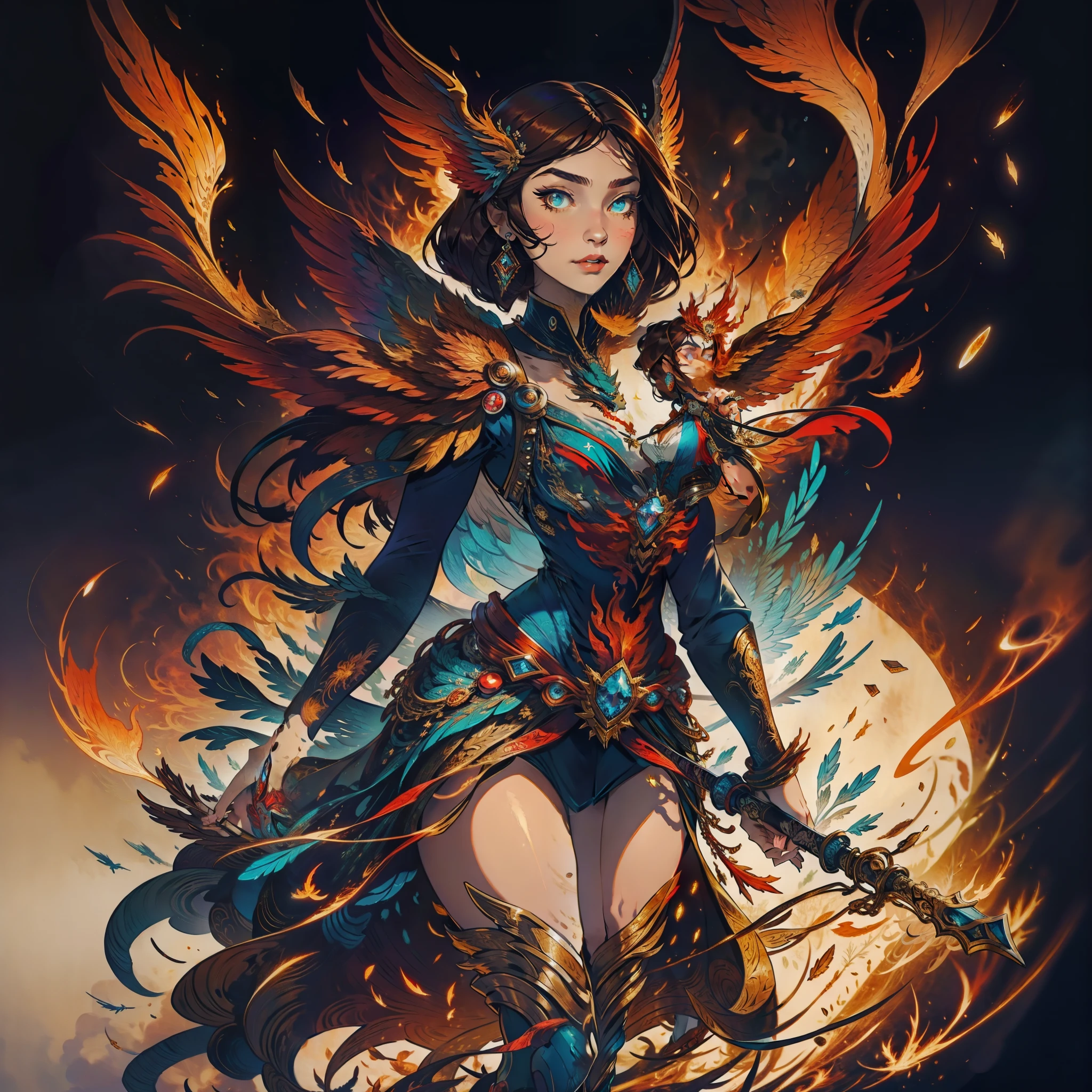 A majestic brunette woman standing on a crutch made of pieces of phoenix wings enveloping her in flames