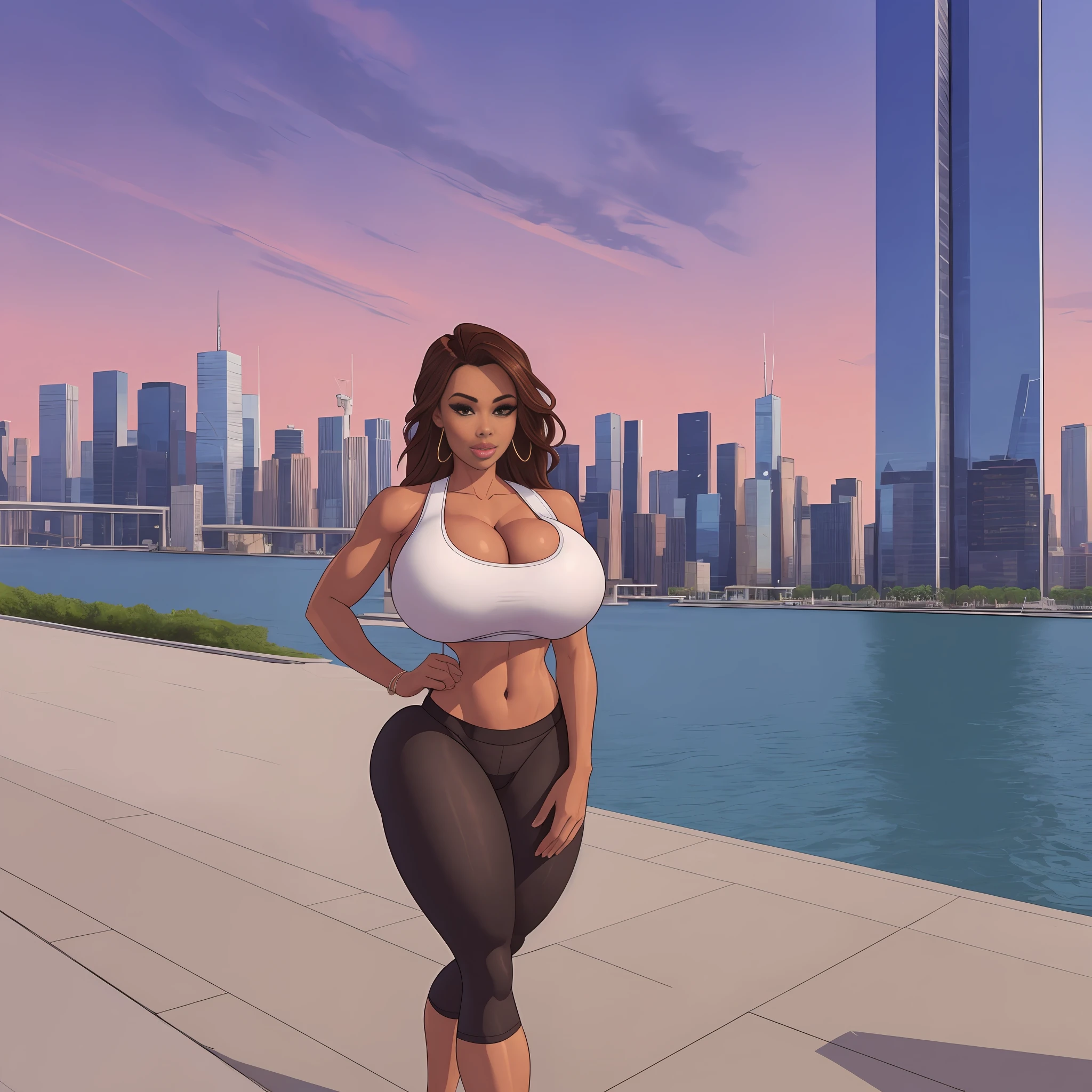 1 girl, 30 year old girl, sports tight panties, sports tight top, round breasts, huge fake boobs, wide thighs, thicc, big ass, Standing in the background with many skyscrapers, 8K, 4K, HDR